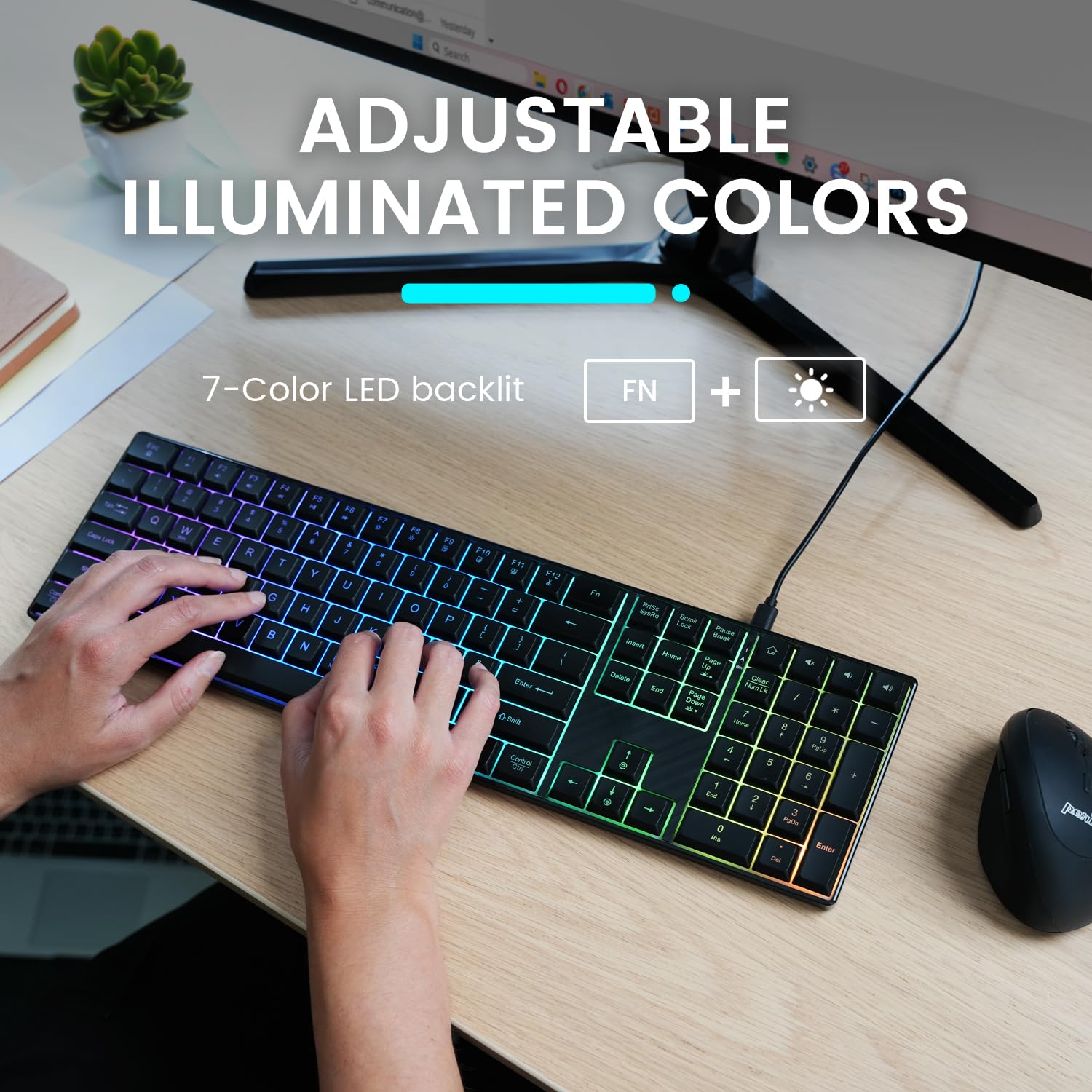 Perixx Periboard 329 Wired Usb Backlit Keyboard, Big Print Letter With 7 Color Illuminated Led, X Type High Scissor Keys, Black,