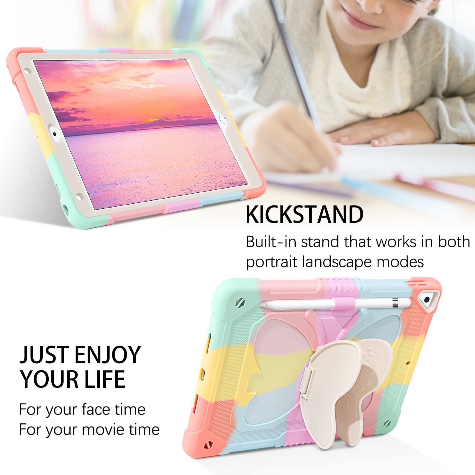 Duedue For Ipad Air 2 Case For Kids, Ipad 6Th/5Th Generation Case 2017/2018, Butterfly Wings Kickstand With Pencil Holder Heavy