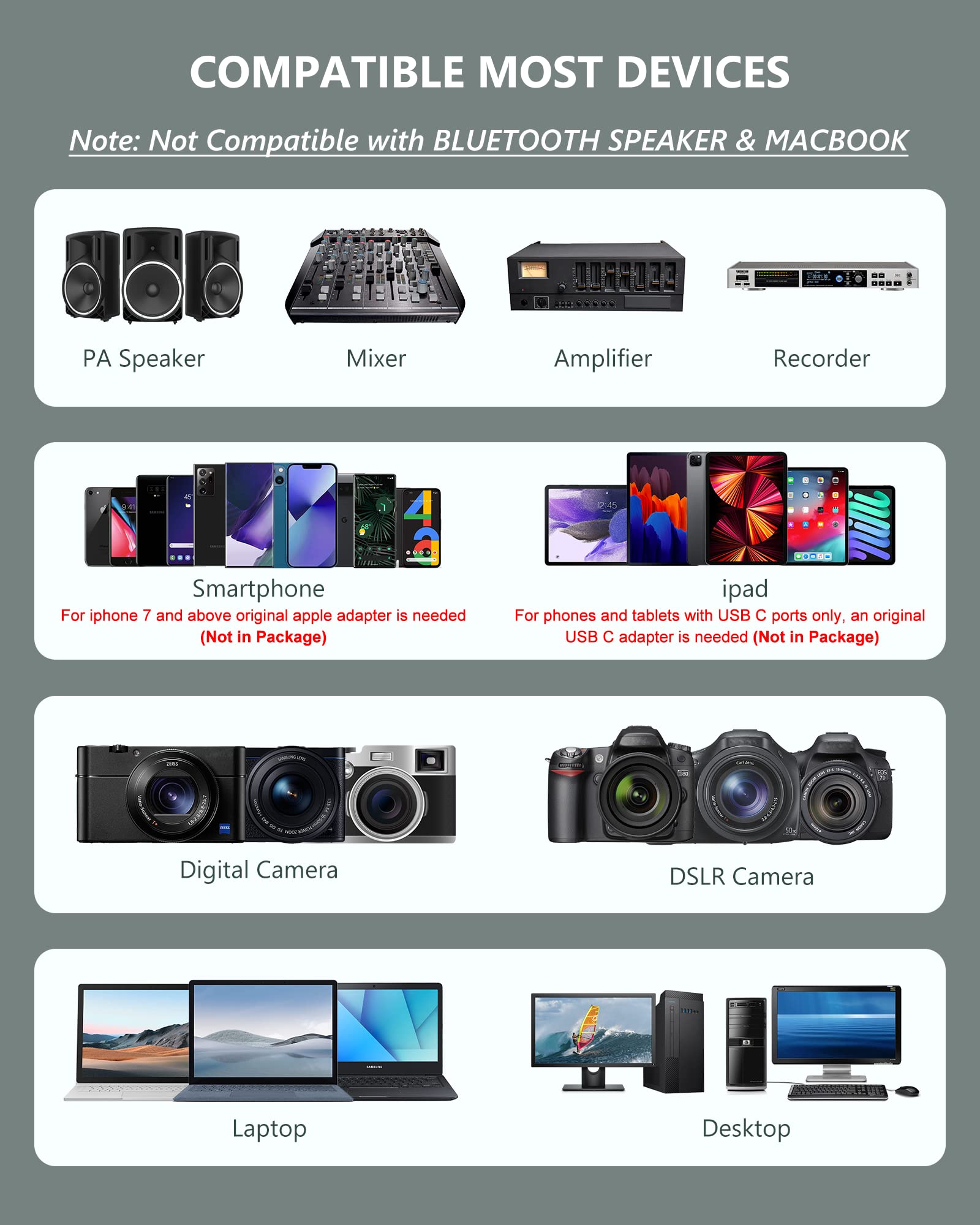 Wireless Microphone System Headset Mic/Stand Mic/Lavalier Lapel Mic With Rechargeable Bodypack Transmitter & Receiver 1/4'' Outp