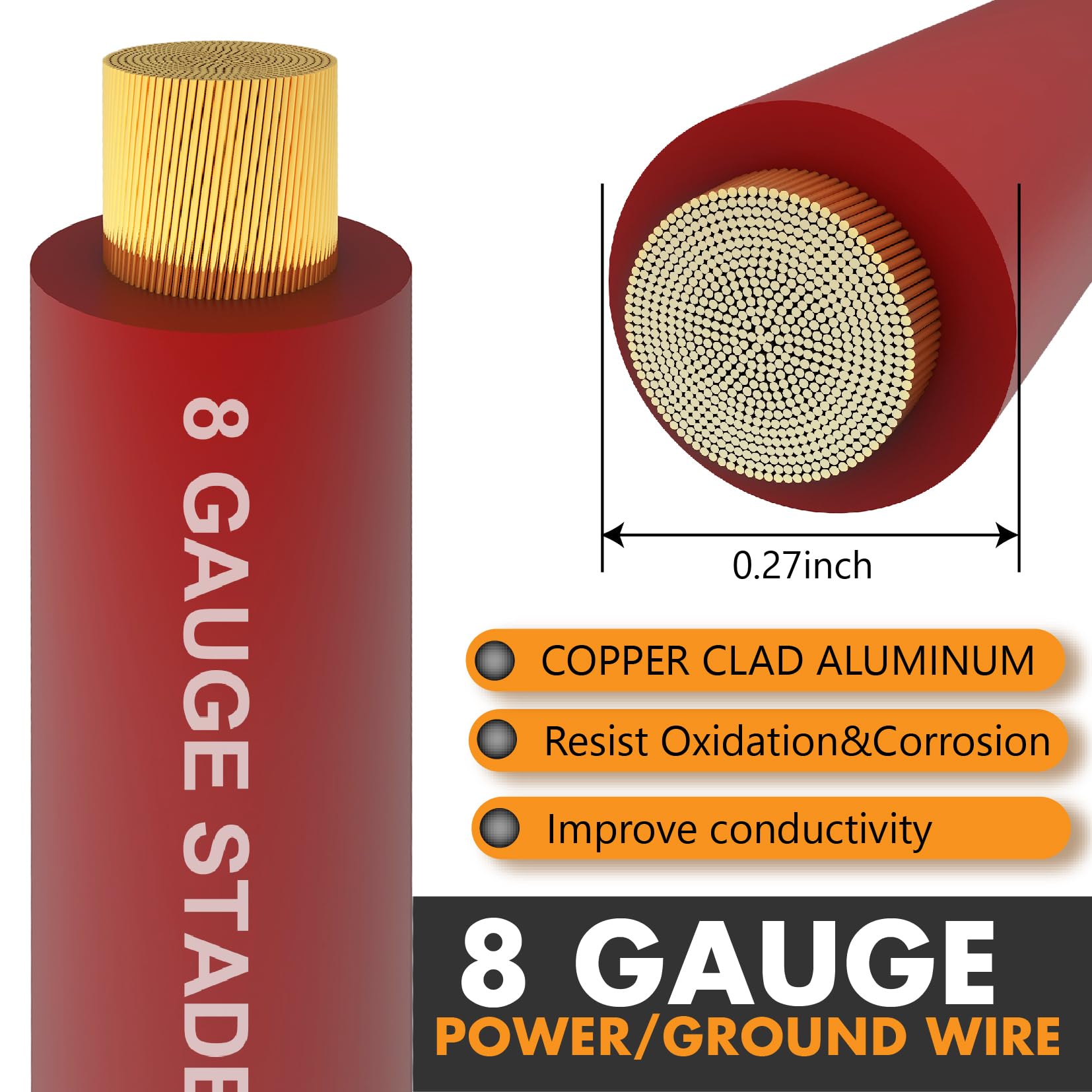 Jeemiter 8 Gauge Wire, 50Ft Copper Clad Aluminum Caa, Primary Automotive Wire, Car Amplifier Power & Ground Cable, Rv Trailer Wi