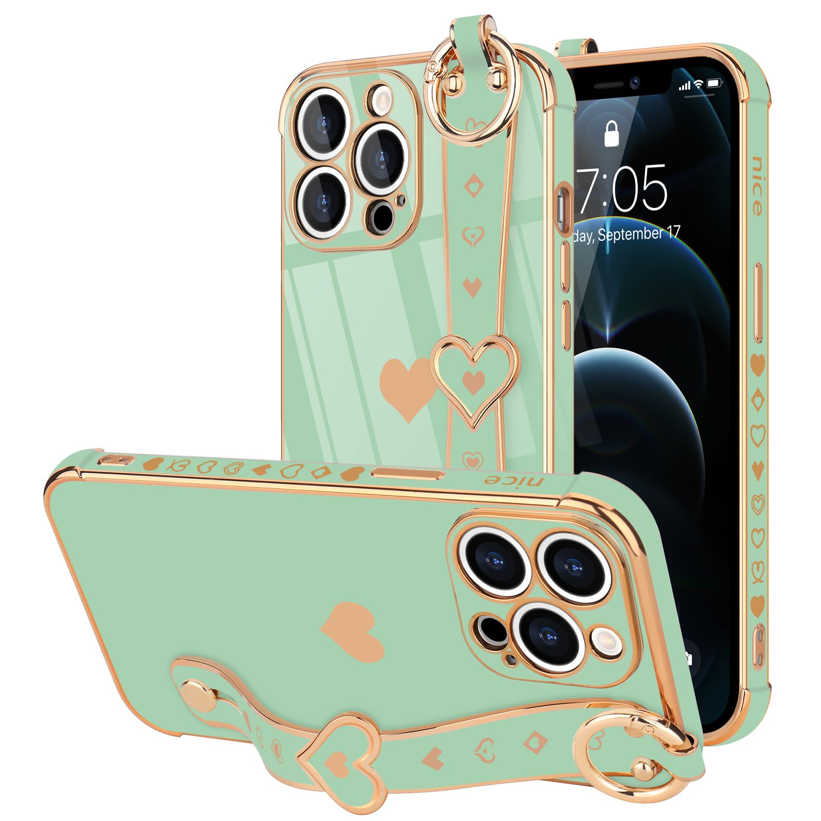Llz.Coque For Iphone 12 Pro Case Cute Love Heart Plating Strap Phone Cover For Women Girls Bling Soft Silicone Camera Lens Prote