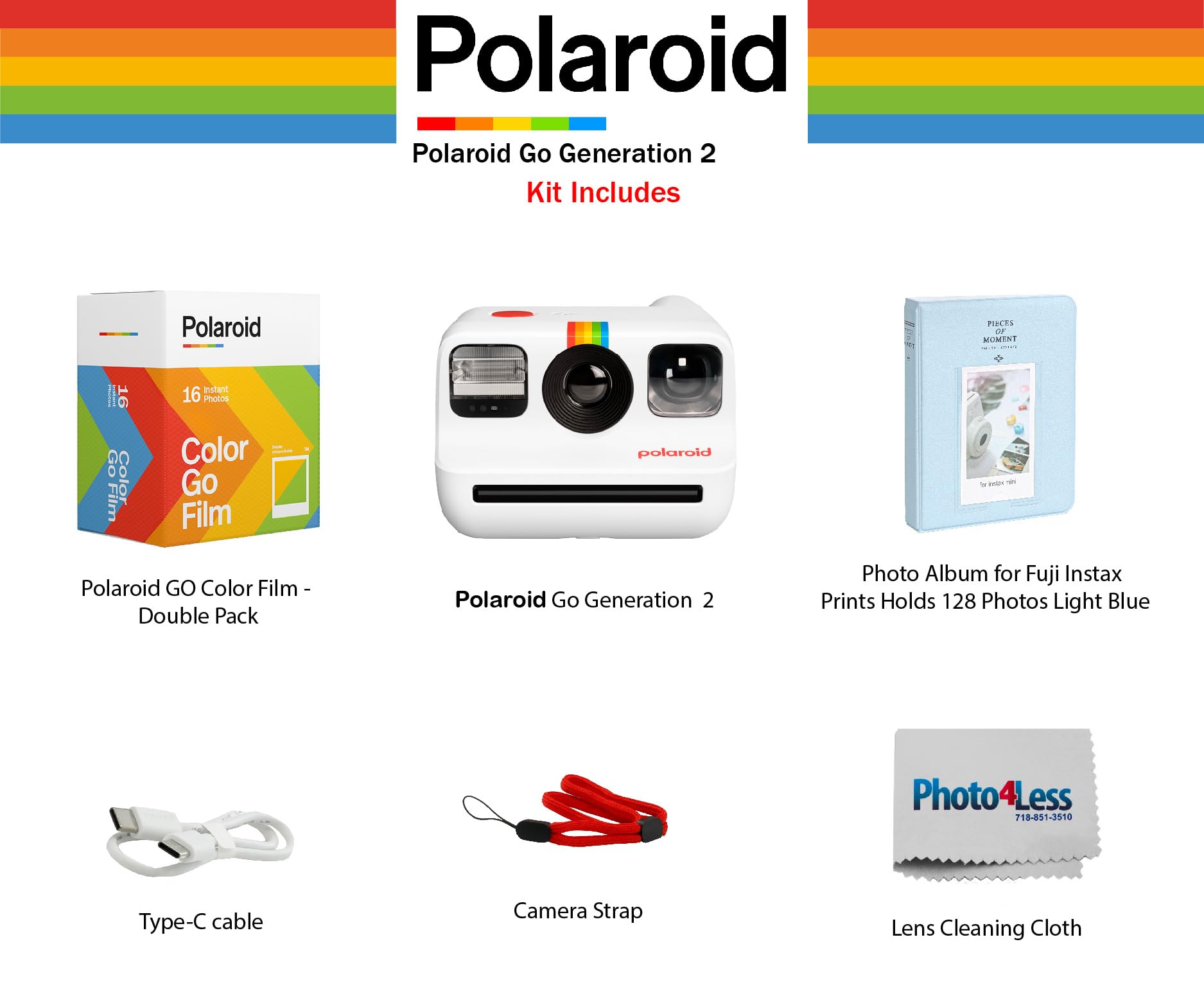Polaroid Go Generation 2 Instant Film Camera Bundle With Polaroid Go Color Film, Double Pack And Photo Album + Cloth (4 Items) (White)