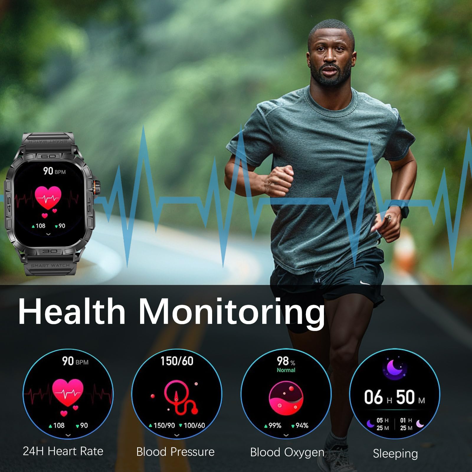 Rugged Smart Watch Health Watches For Men, Waterproof Smart Watches For Men Fitness Watch With Heart Rate Sleep Blood Pressure A