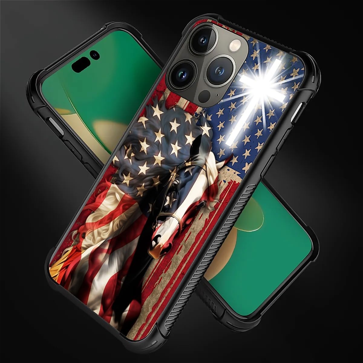 Fkbrcl4U For Iphone 14 Pro Case, Red American Flag Horse Cross Pattern Graphic Design Girl Boy Soft Silicone Hard Acrylic Shock
