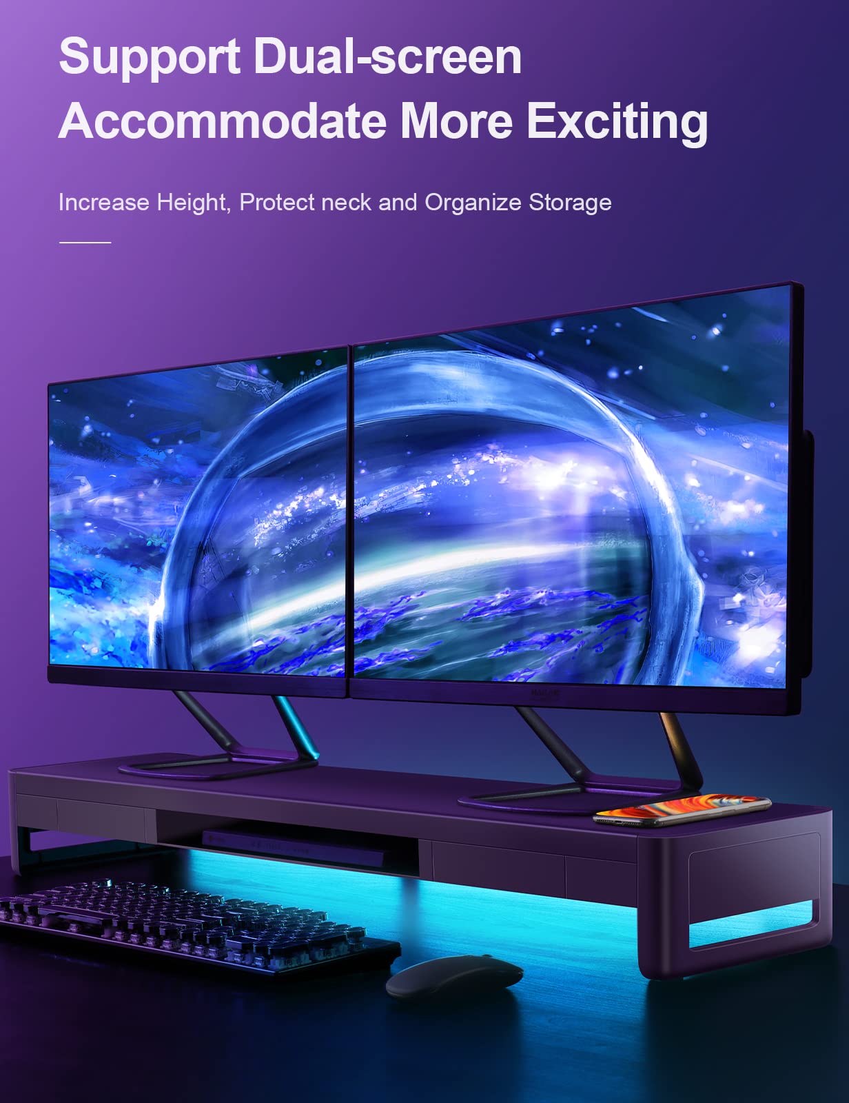 Meatanty Dual Monitor Stand Riser With 2 Storage Drawers, Metal Computer Monitor Stand Monitor Shelf With Pull Out Drawer, Keybo