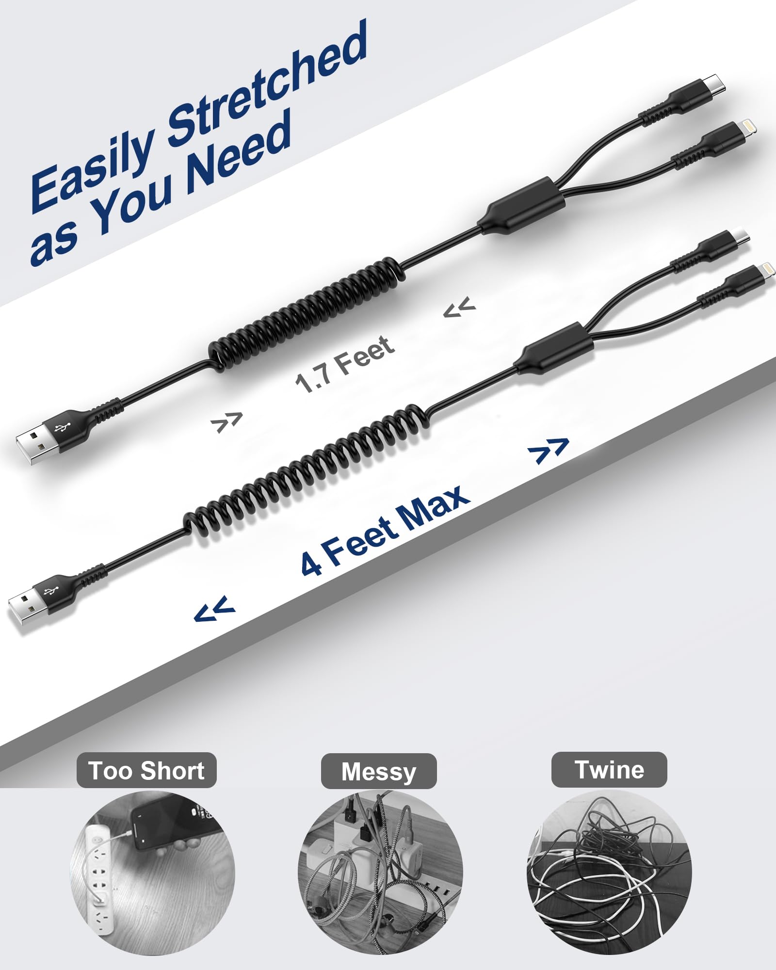 Coiled Lightning Cable For Iphone 15 Pro Max, Curled Multi Charging Cable Wire 2 In 1 Usb To Lightning/Type C Port Fast Charging