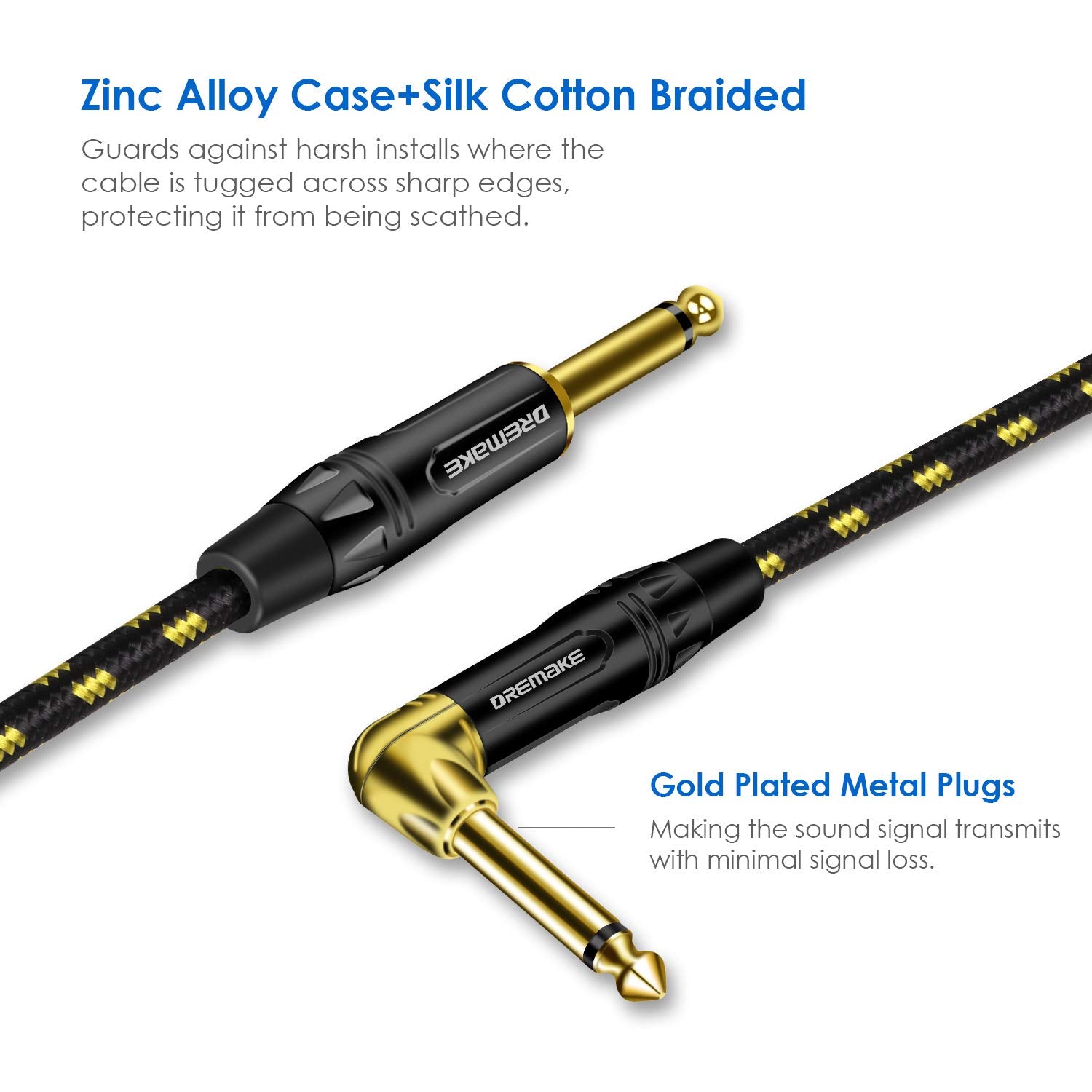 Dremake 1/4 Guitar Amp Straight To Right Angel Patch Cord, 25 Feet Quarter Inch Cable Black/Yellow Braided Tweed, Jack 6.35Mm 1/