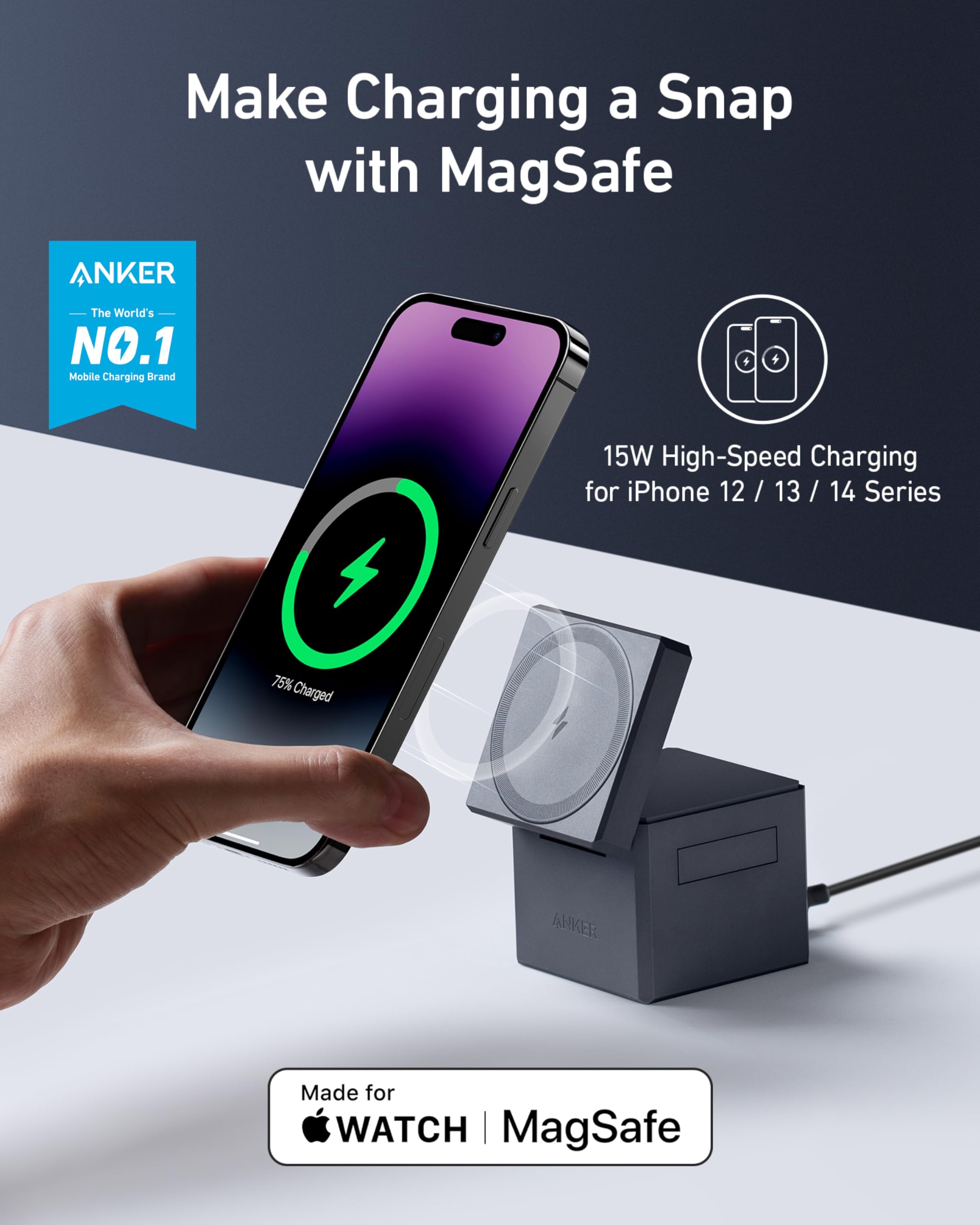 Magsafe Charger Stand, Anker 3 In 1 Cube With Magsafe, 15W Max Fast Charging Stand, Foldable Wireless Charger For Iphone 15/14/1