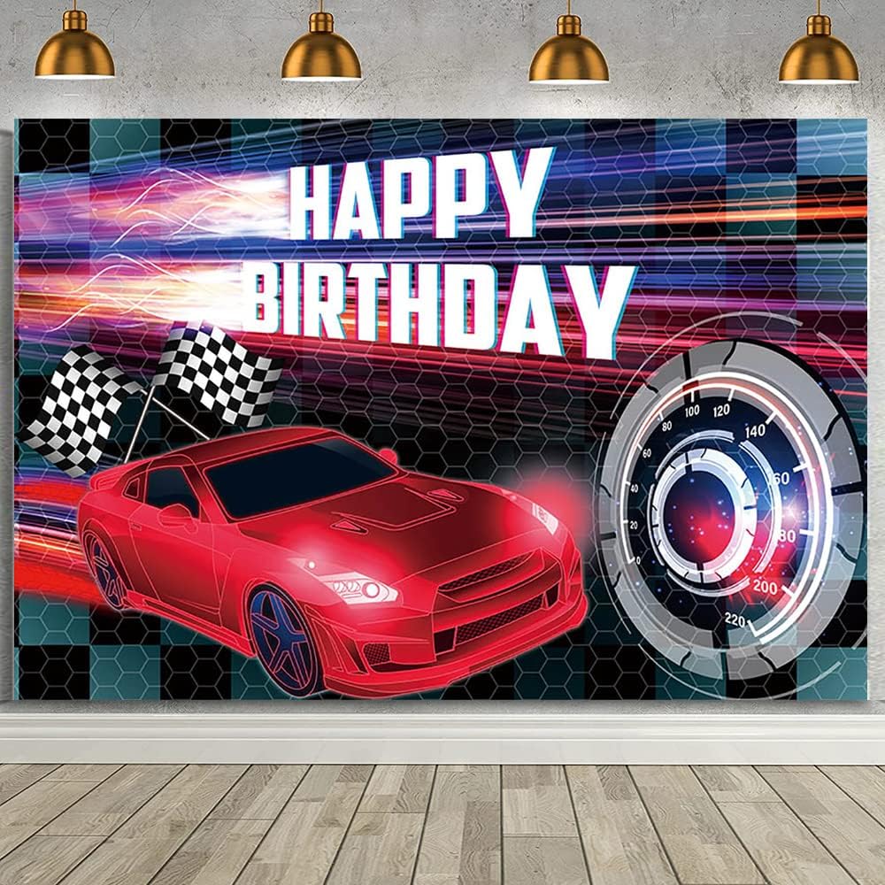 Mehofond 7X5Ft Car Racing Happy Birthday Backdrop, Red Racing Party Photo Background For Boys, Car Birthday Party Decorations Ca