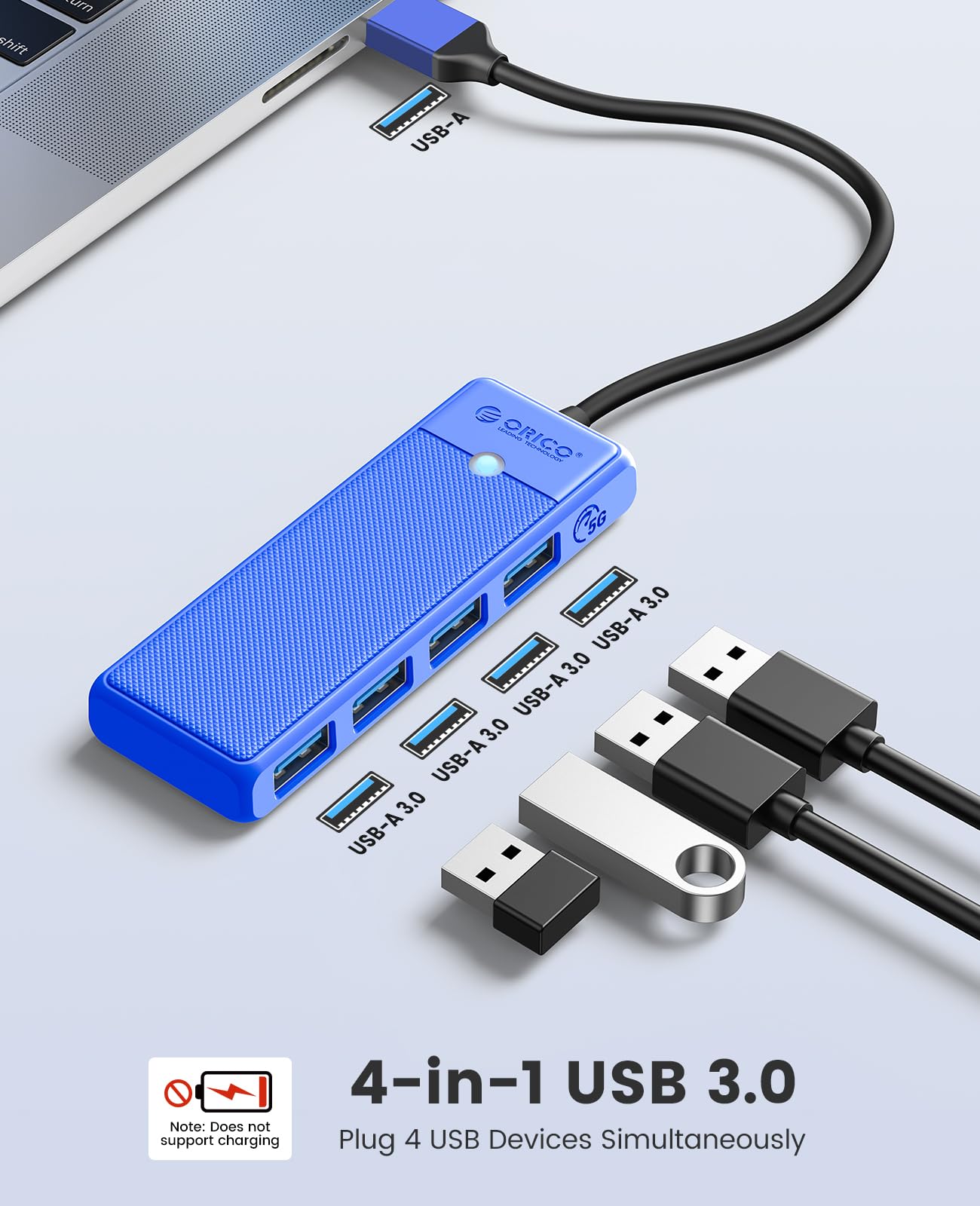 USB 3.0 Hub, ORICO 4 Port USB Hub, Ultra Slim USB Splitter for Laptop for MacBook, Mac Pro, iMac, Surface Pro, XPS, PS5, PC, Flash Drive, Mobile HDD(Blue/0.5ft)