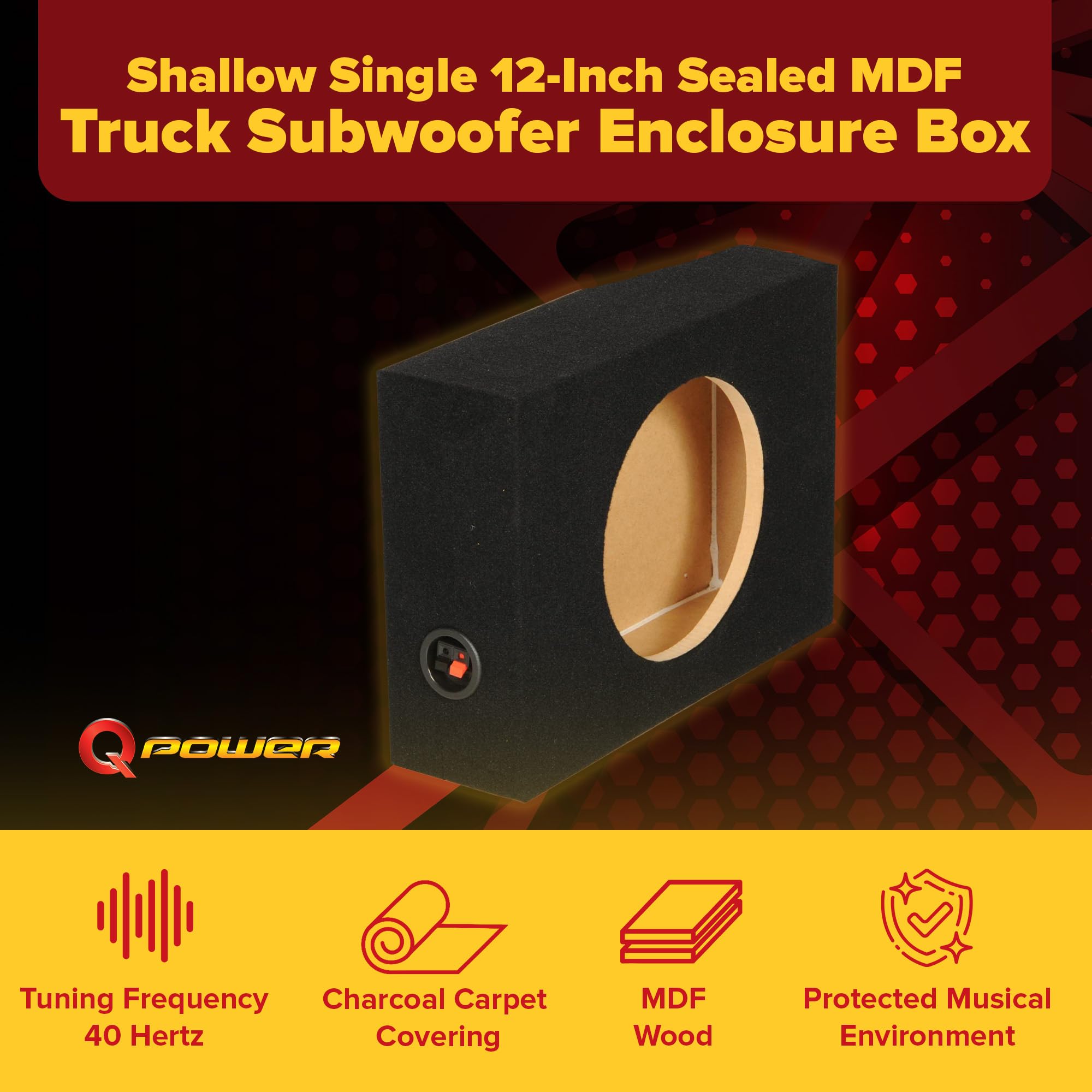 Q Power Shallow Single 12 Inch Heavy Duty Sealed Mdf Material Truck Audio Subwoofer Enclosure Box With Durable Carpeted Exterior