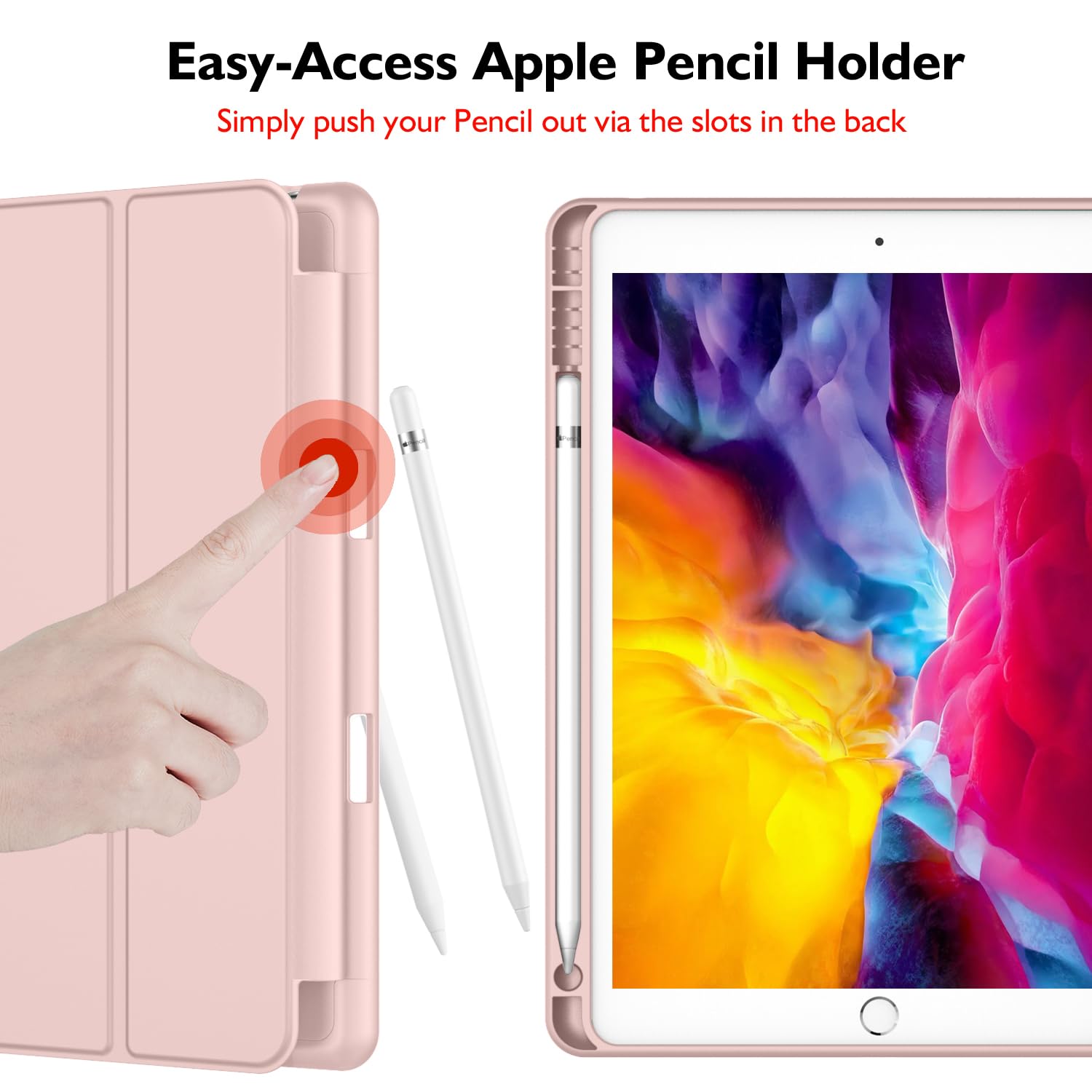 Imieet Ipad 9Th Generation Case 2021/Ipad 8Th Generation Case 2020 10.2 Inch With Pencil Holder, Ipad 7Th Gen 2019 Case With Soft Baby Skin Silicone Back, Auto Wake/Sleep Cover (Rose Pink)