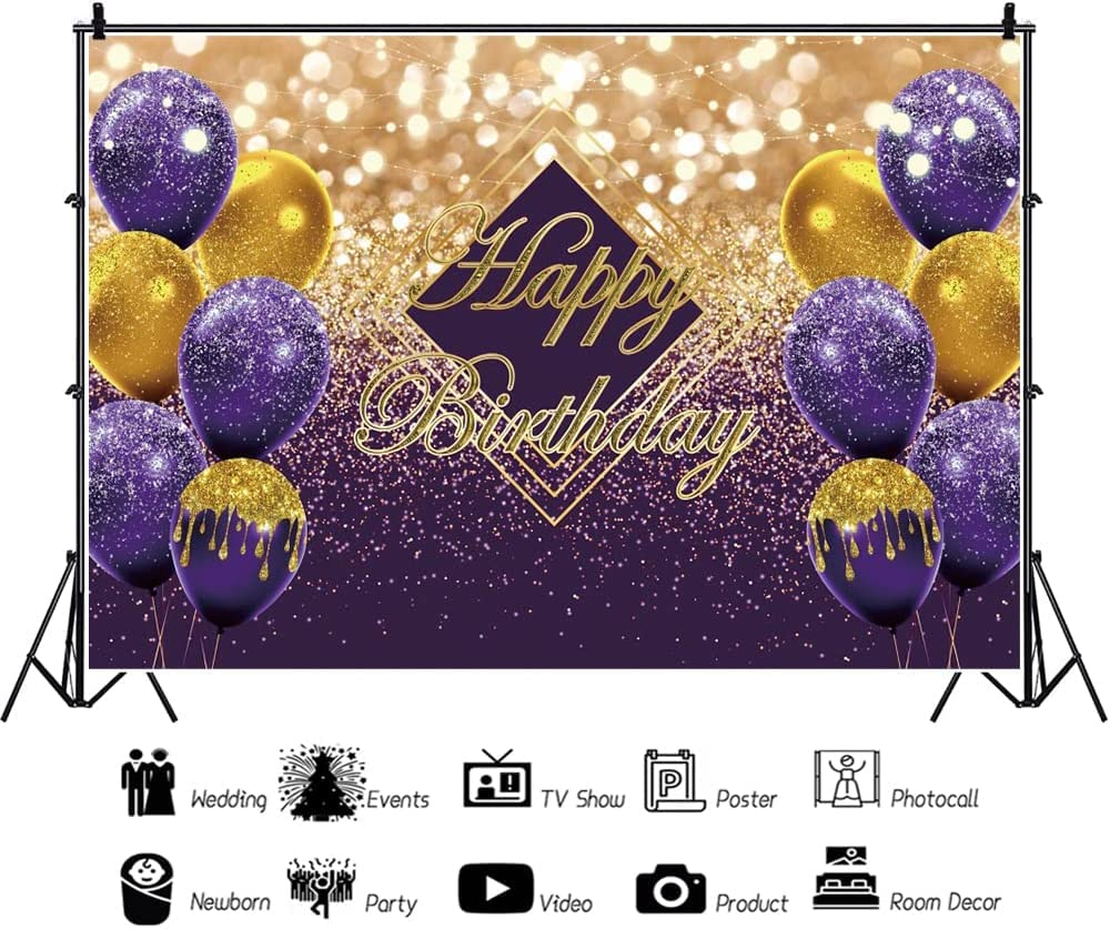 Renaiss 7X5Ft Violet Happy Birthday Backdrop For Photoshoot Kids Men Women Portrait Purple Gold Balloons Photography Background