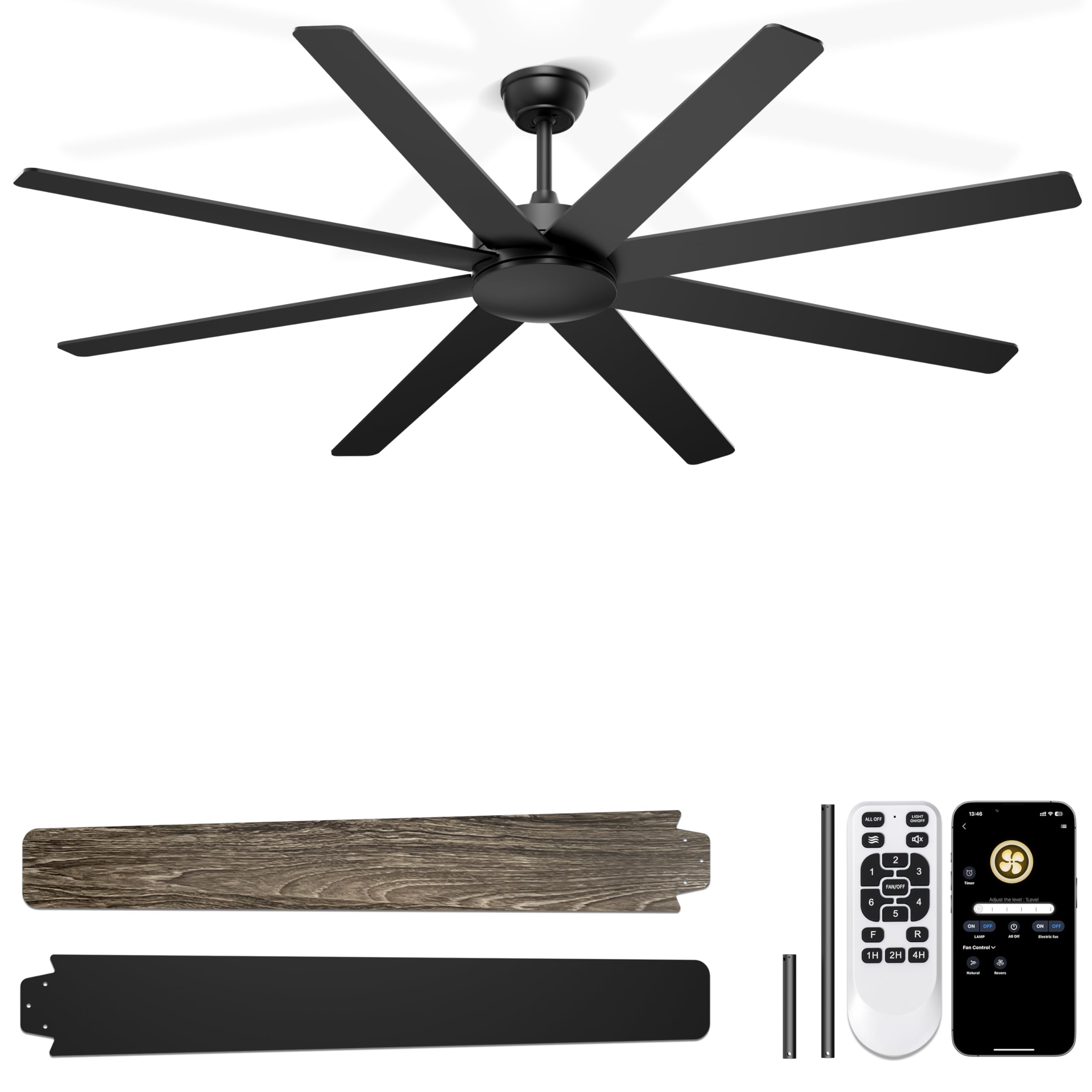 Phylluz 72 Large Ceiling Fans No Lights, Modern Black Ceiling Fan Remote/APP Control, Quiet DC Motor Big Ceiling Fan for Shop 