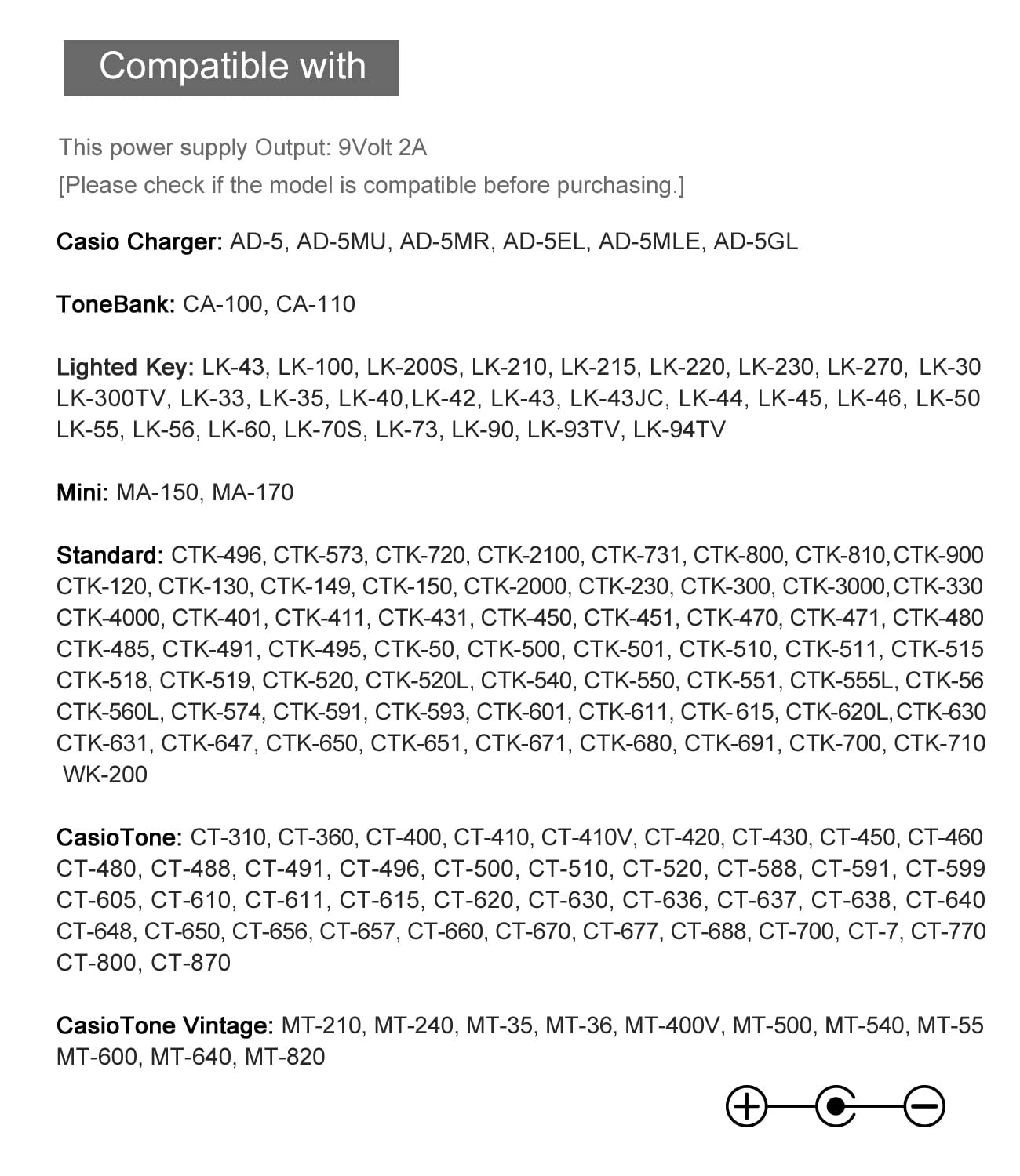 9V Power Adapter Fit For Casio Keyboard Ad 5 Ad 5Mu Wk 110 Wk 200 Lk 43 Lk 100 Ct 360 Ctk 496 Ctk 573 Ctk 611 Ctk 700 Ctk 710 Ct