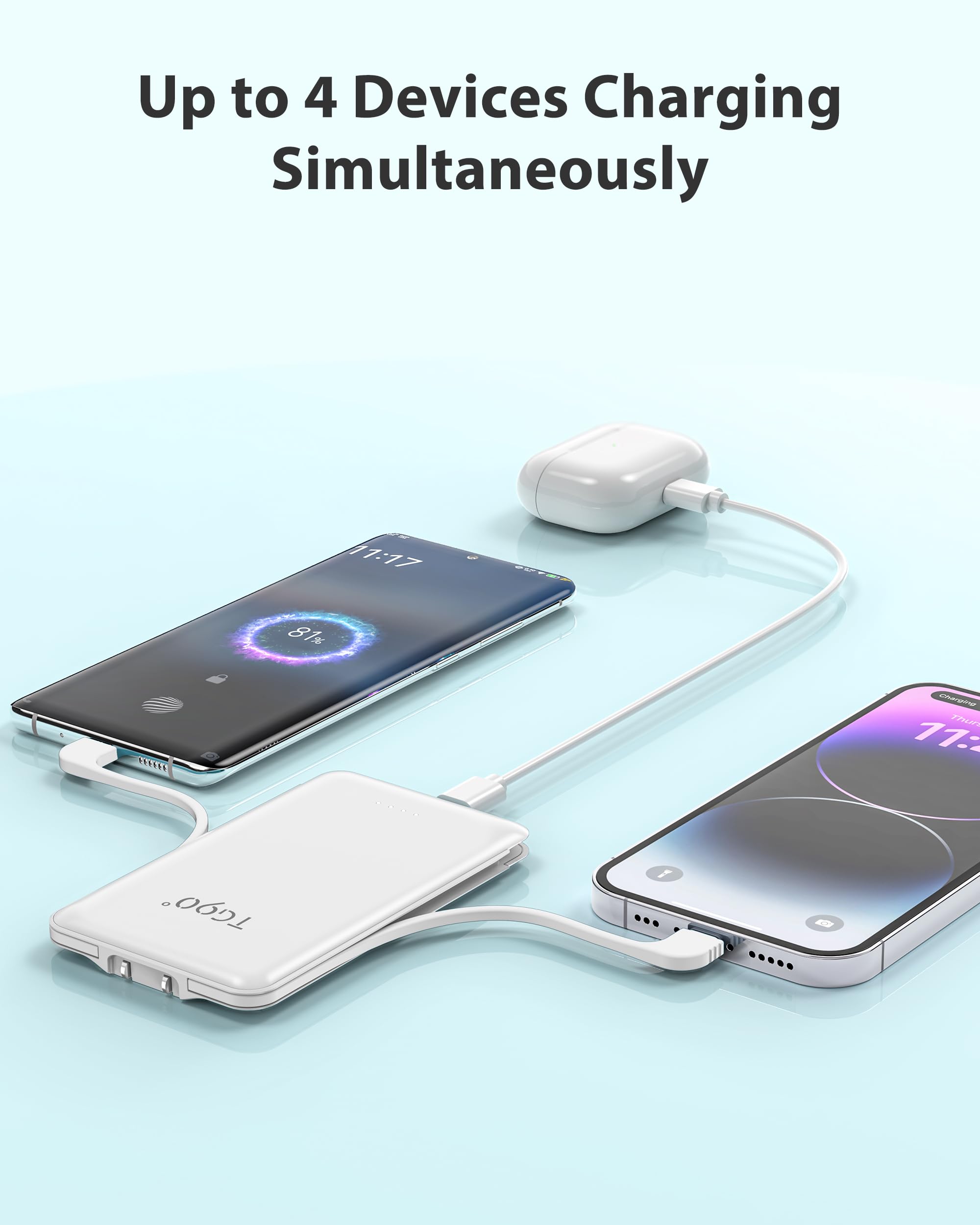 Tg90 Mini Power Bank With Built In Foldable Ac Wall Plug And Cables, 5000Mah Slim Portable Phone Charger Usb C Battery Pack, 3 O