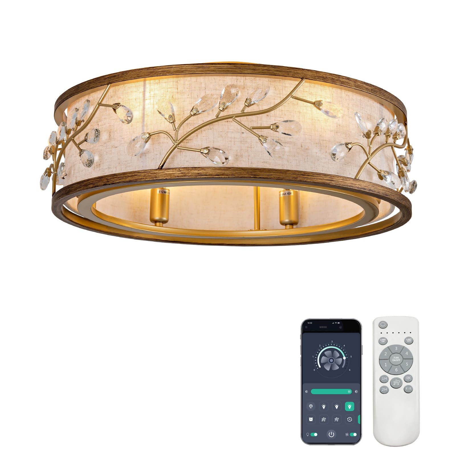 XINGSIYUELYX 20 inch Gold Caged Ceiling Fan with Light, Crystal Fandelier Ceiling Fan with Light with Remote, 6 Speeds, Reversib
