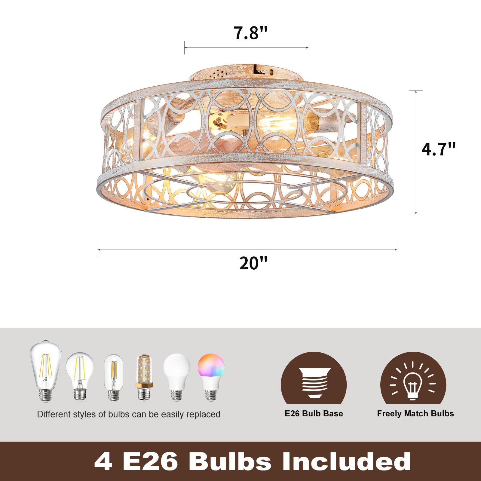 Alaruder Ceiling Fans With Lights Flush Mount,20 Inch Caged Modern Small White Fan For Bedroom,Low Profile Ceiling Fan With Remo