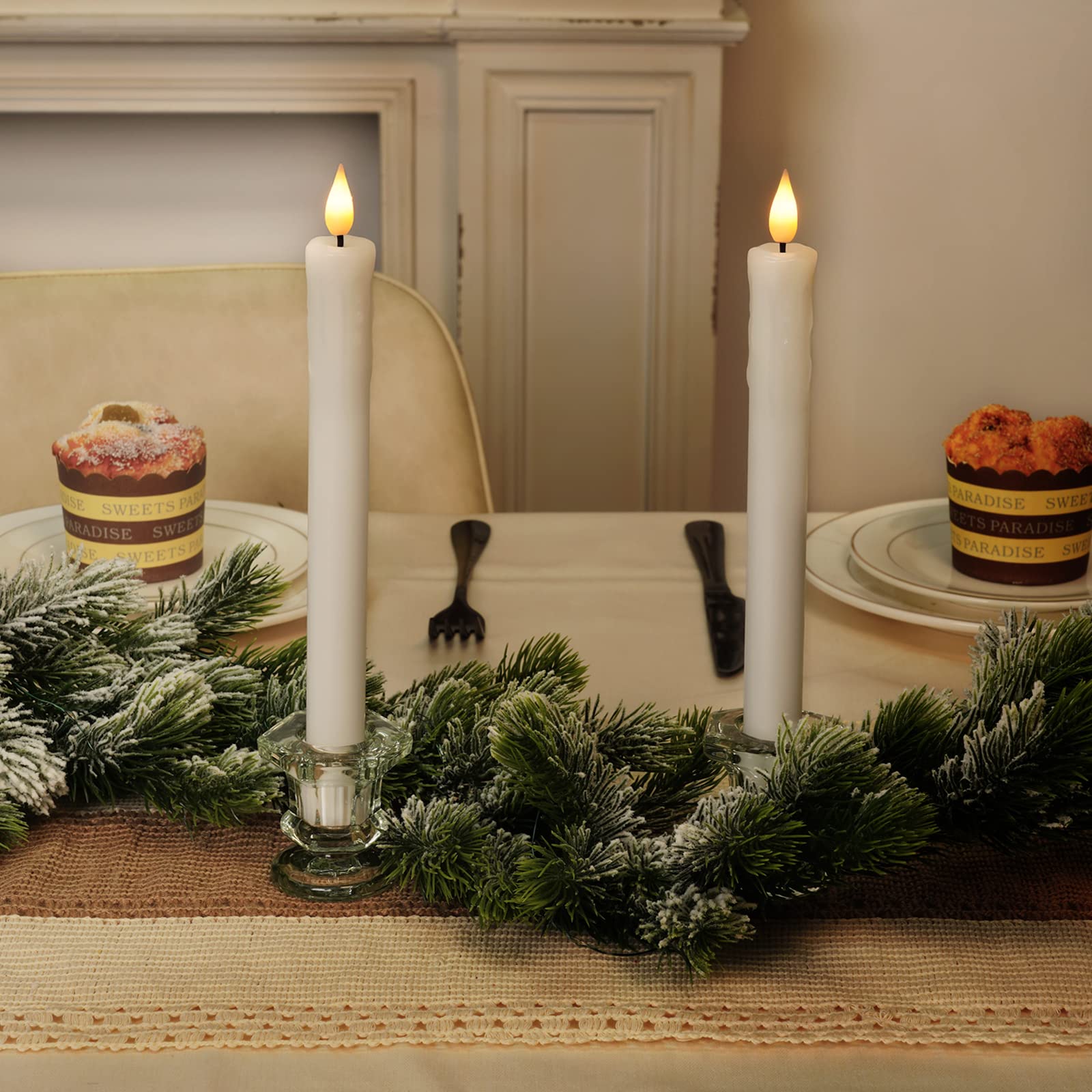 Homemory Real Wax Flameless Taper Candles With Remote Timer, 9.6 Inches White Led Flameless Candlesticks, Dripless Battery Opera