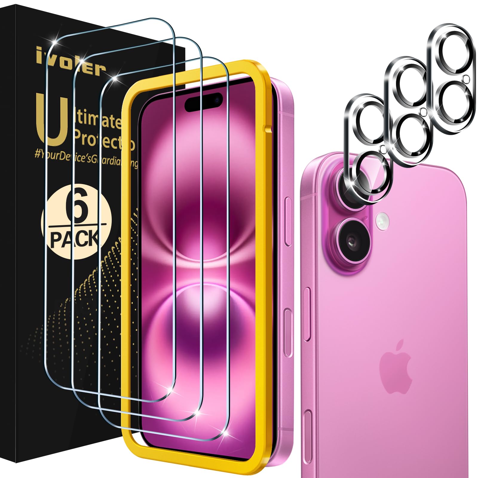 Ivoler 3+3 Pack Tempered Glass For Iphone 16 Plus 6.7'' Screen Protector [3 Pack] With [3 Pack] Camera Lens Protector With [Alig