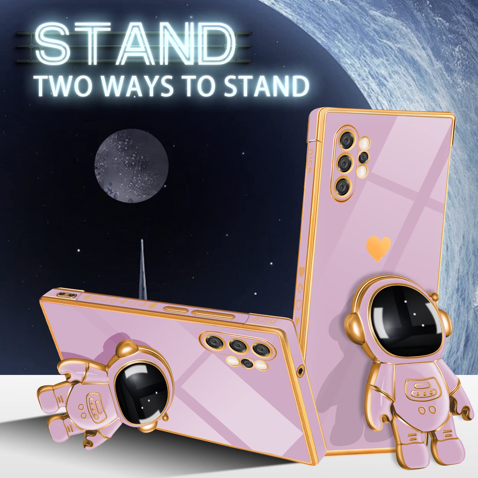 Buleens Phone Case for Samsung Galaxy Note 10 Plus Astronaut Stand 6D Spaceman Heart Pattern Plastic Purple 6.8 Inch