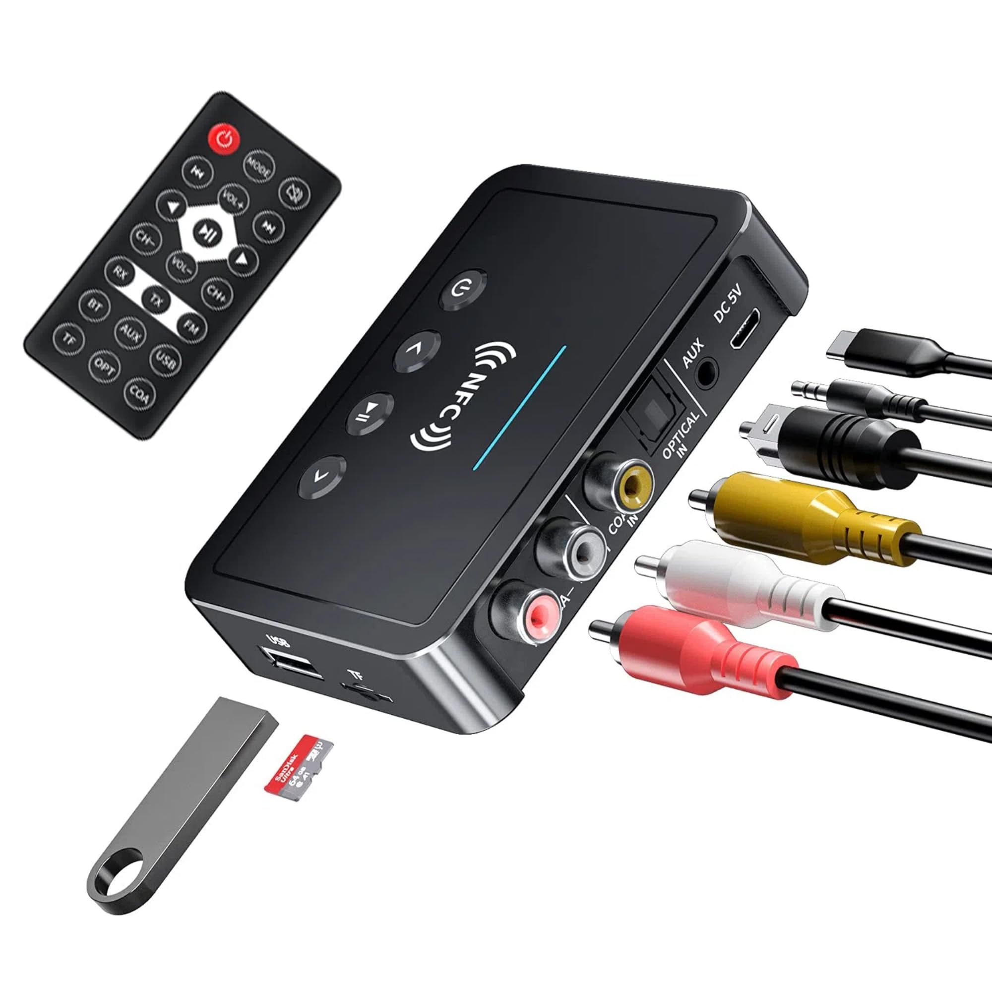 Bluetooth 5.0 Adapter, Bluetooth Transmitter and Receiver for Home Stereo Hi-Fi Audio with 3.5mm, RCA, Coaxial, Optical, NFC, Ap