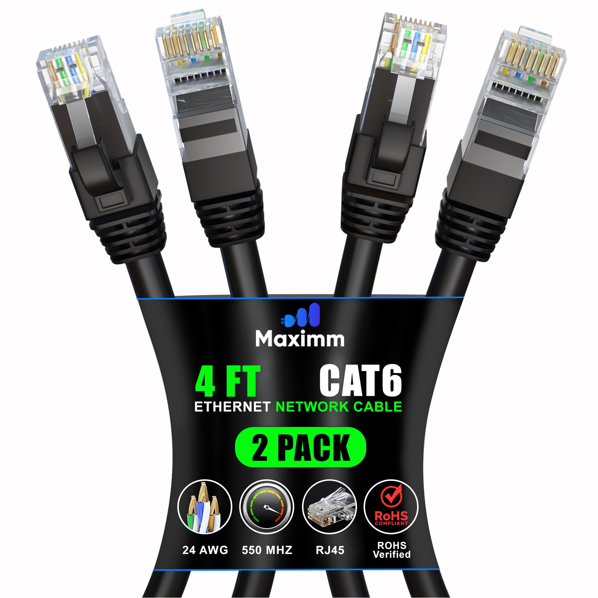 Maximm Cat 6 Ethernet Cable 4 Ft (2 Pack)   High Speed Lan Cable, Internet Cable, Patch Cable, And Network Cable   Utp, 10Gbps, 550Mhz Ethernet Cord   Black