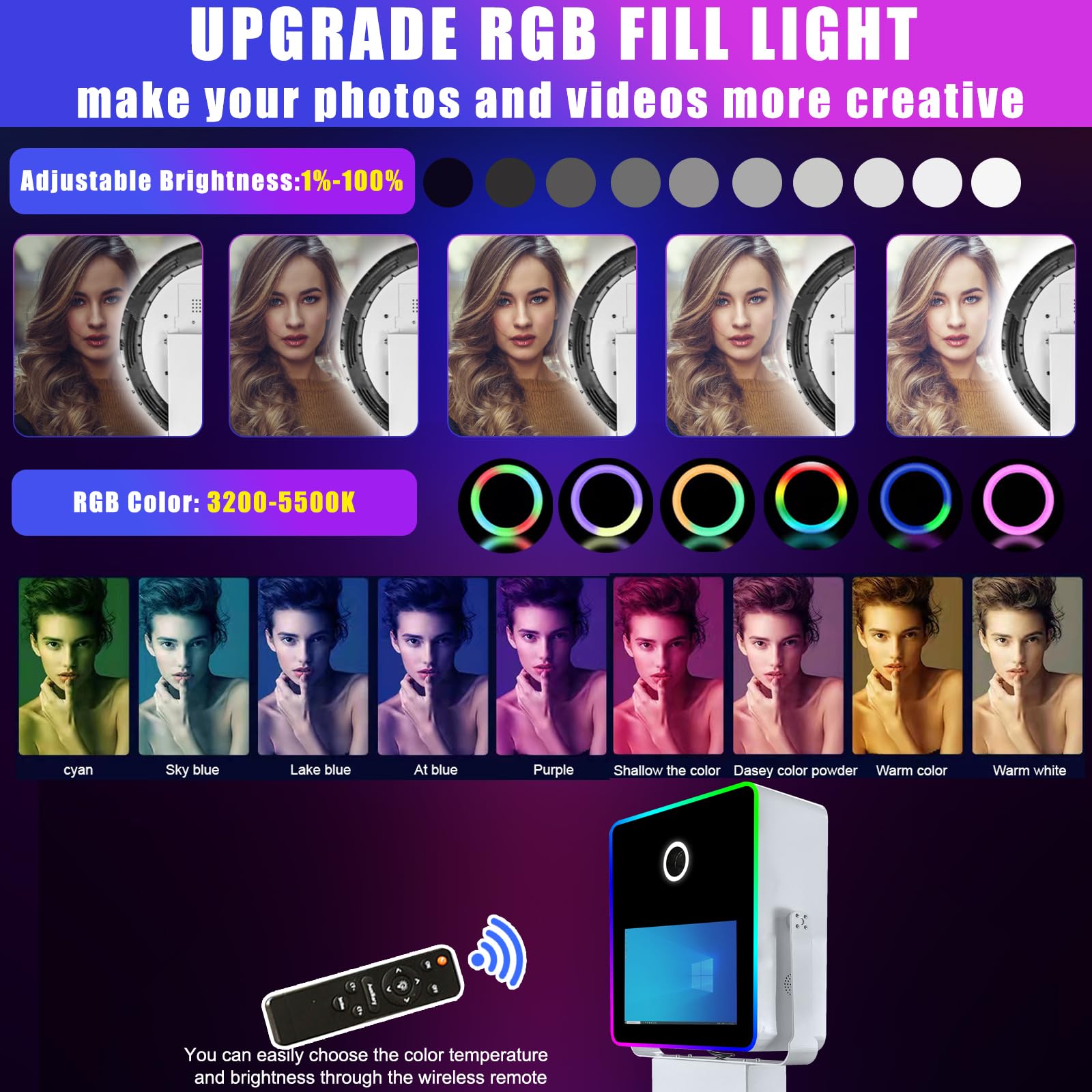 Mirror Photo Booth Selfie Camera Photobooth Diy Photo Booth Machine With 15.6'' Touch Screen Pc, Rgb Led Fill Light, Flight Case