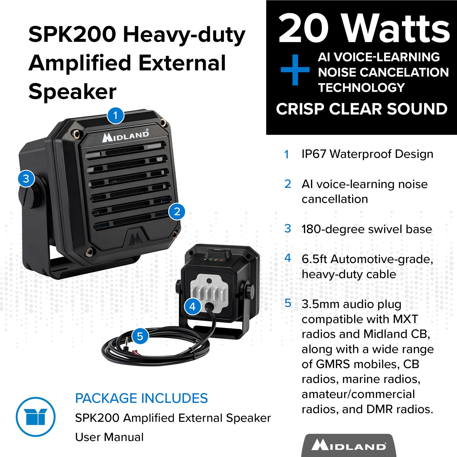 Midland Spk200   Amplified External Speaker With Ai Noise Cancellation, 20 Watts Of Power, 8 Ohms Dynamic Sound, Ip67 Waterproof (Ultimate)