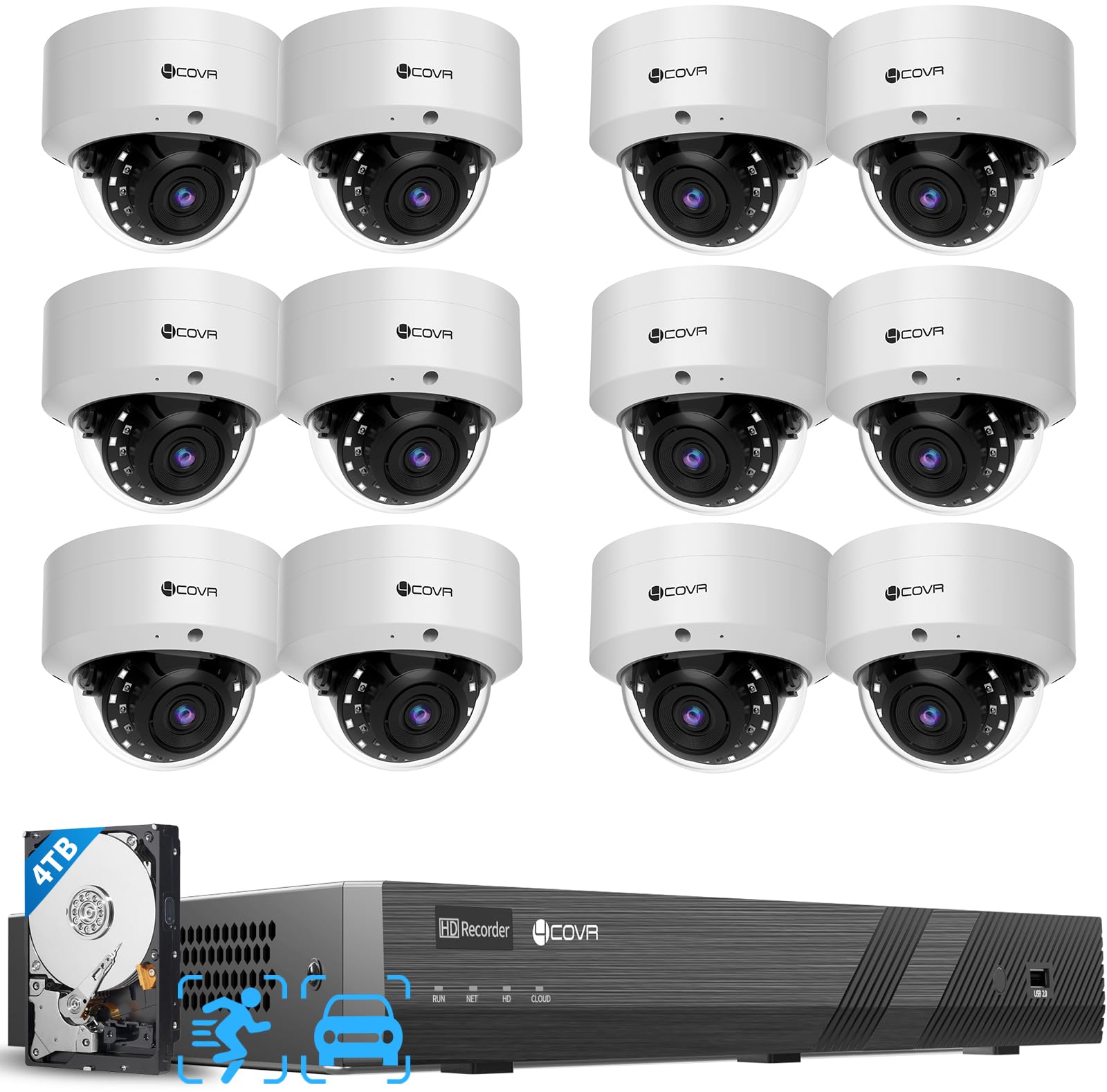 4COVR 16 Channel PoE Security Camera System AI Human/Vehicle Detection, 12Pcs IK10 Vandal-Proof 5MP Wired Commercial Dome IP Cam