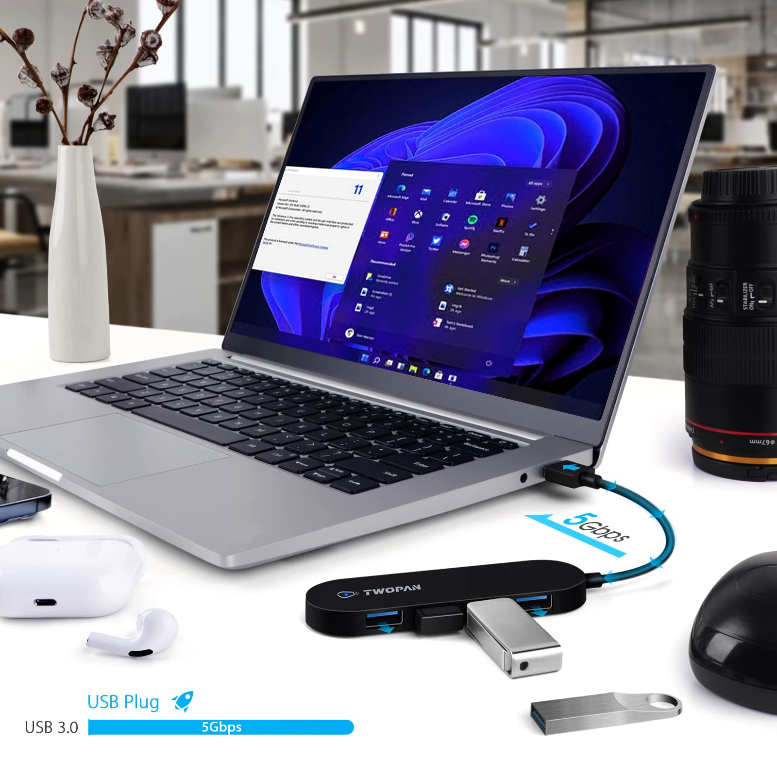 Twopan 4-Port Usb 3.0 Hub, Ultra Slim Usb Multiport Adapter For Laptop, Desktop, Mac, Surface Pro, Xps, Mouse, Keyboard, Flash D