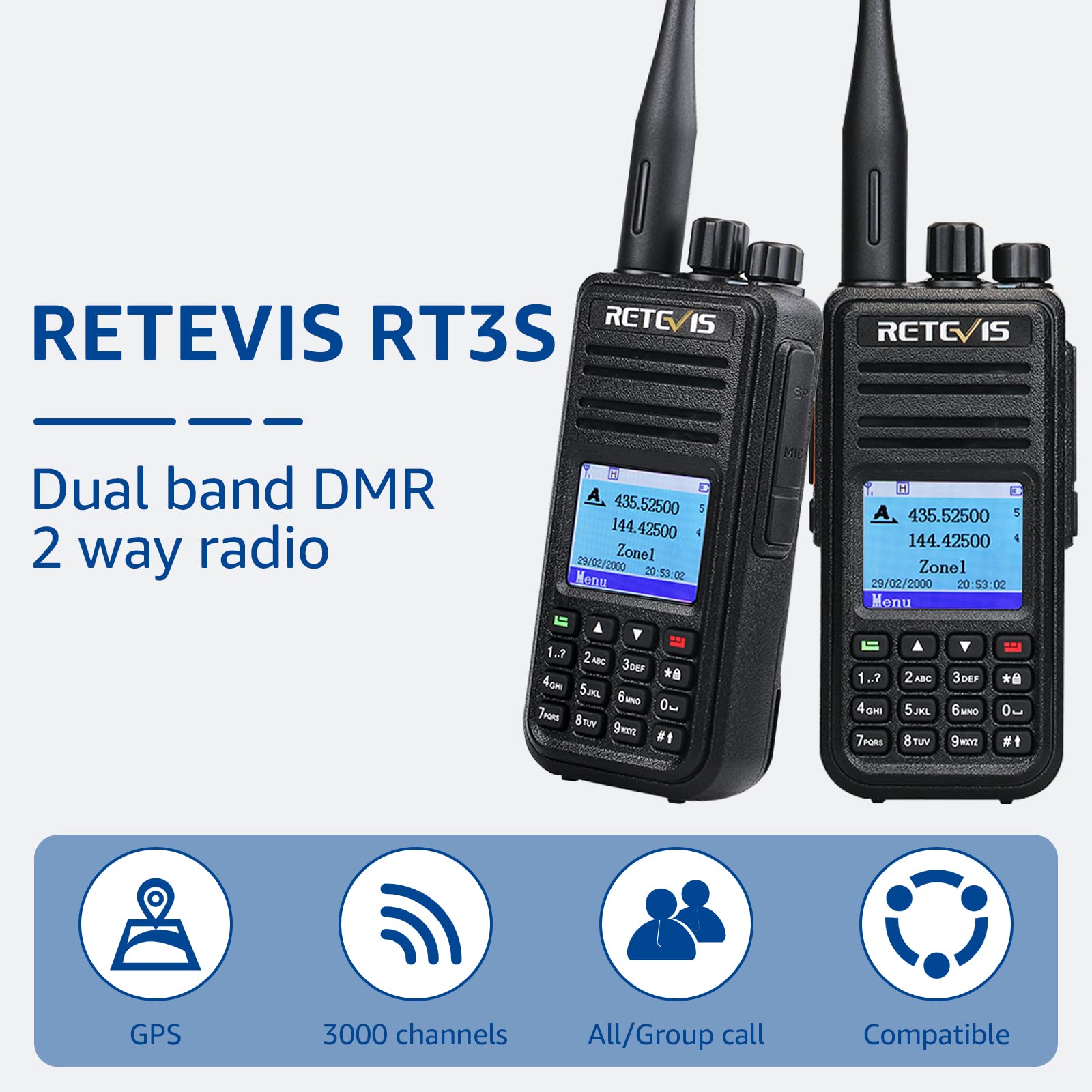 Retevis Rt3S Dmr Radio, Dual Band Ham Radio With Cable, Gps Aprs, Support Opengd77, 3000 Channels, 120K Contacts, 2000Mah Rechargeable, Long Range Handheld Walkie Talkies For Traveling Hiking