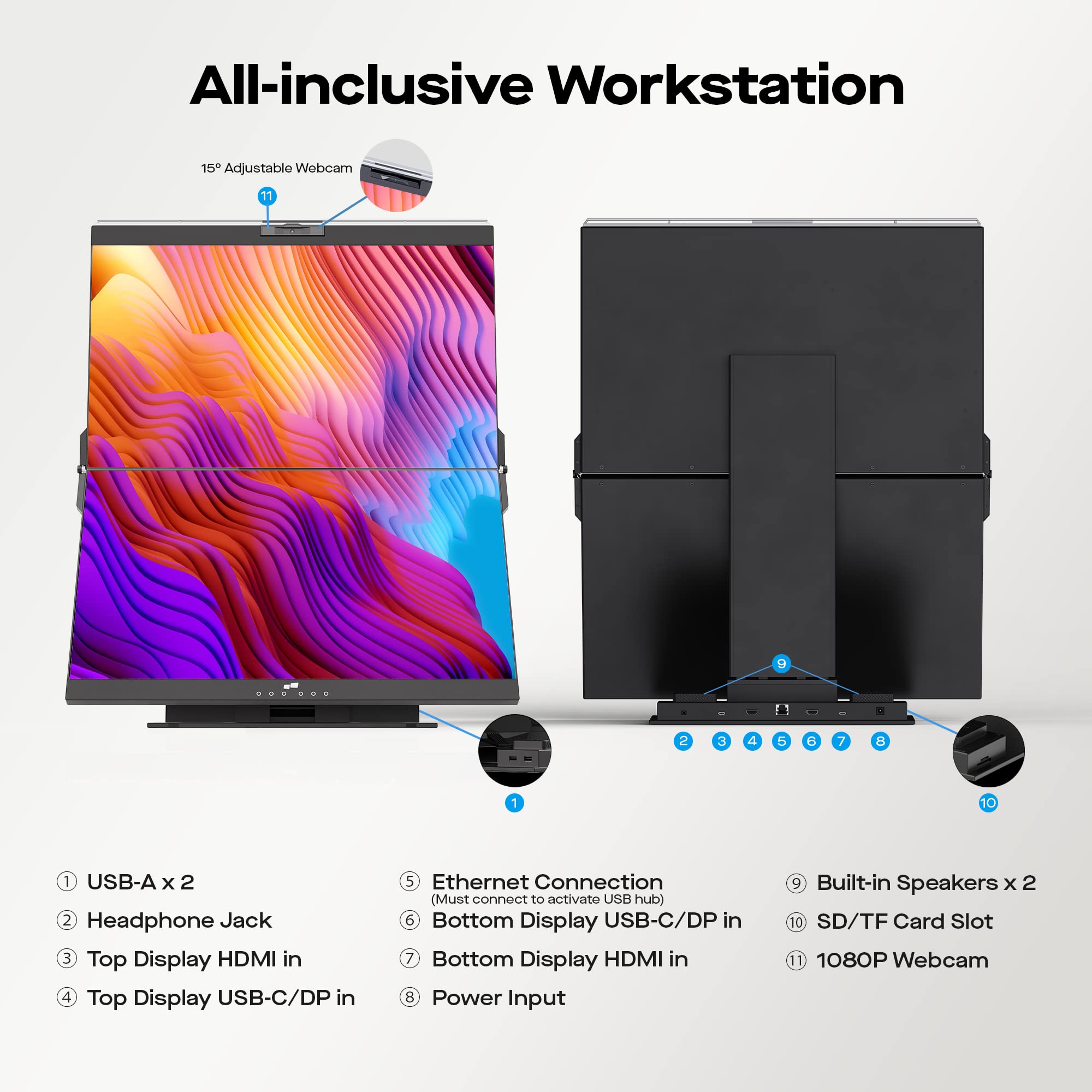 Mobile Pixels Geminos Dual 24'' Stacked Computer Monitors With 1080P Webcam&Speakers, 65W Usb C Charging, All Inclusive Vertical