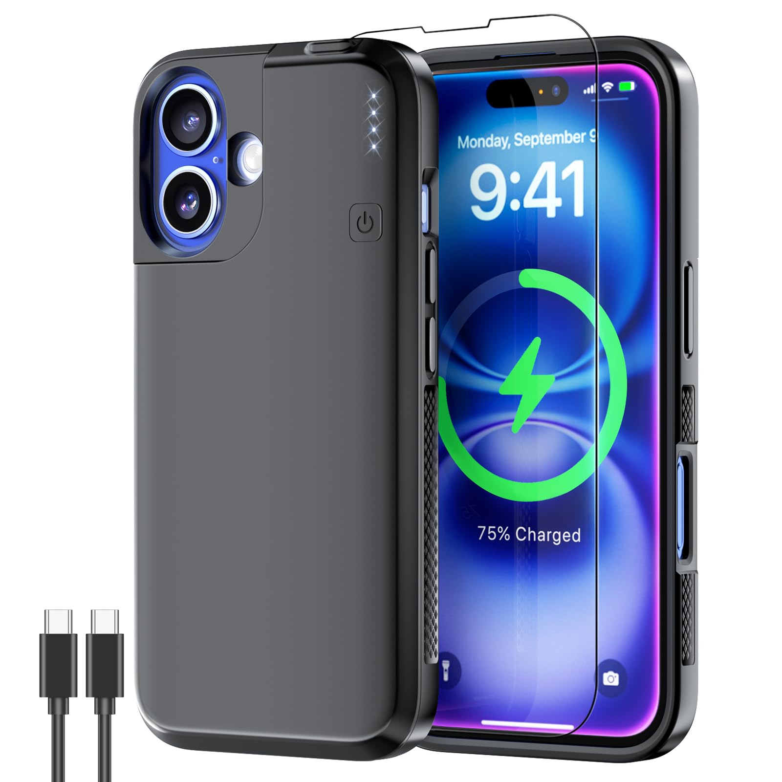NEWDERY Battery Case for iPhone 16 5000mAh, CarPlay,Wired Headset,Sync-Data Supported, Portable Rechargeable Charger Charging Co