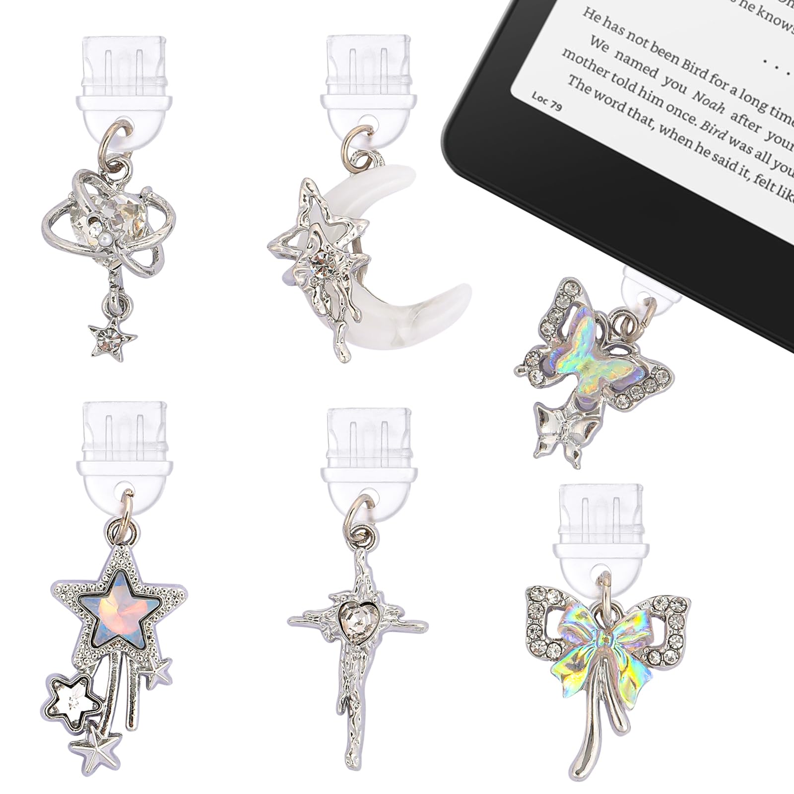 TAKEALOOKO 6 Pcs Star Moon Dust Plug Charms - Silver Y2K Butterfly Aesthetic Pendant Compatible with Kindle & Phone, Type C Anti