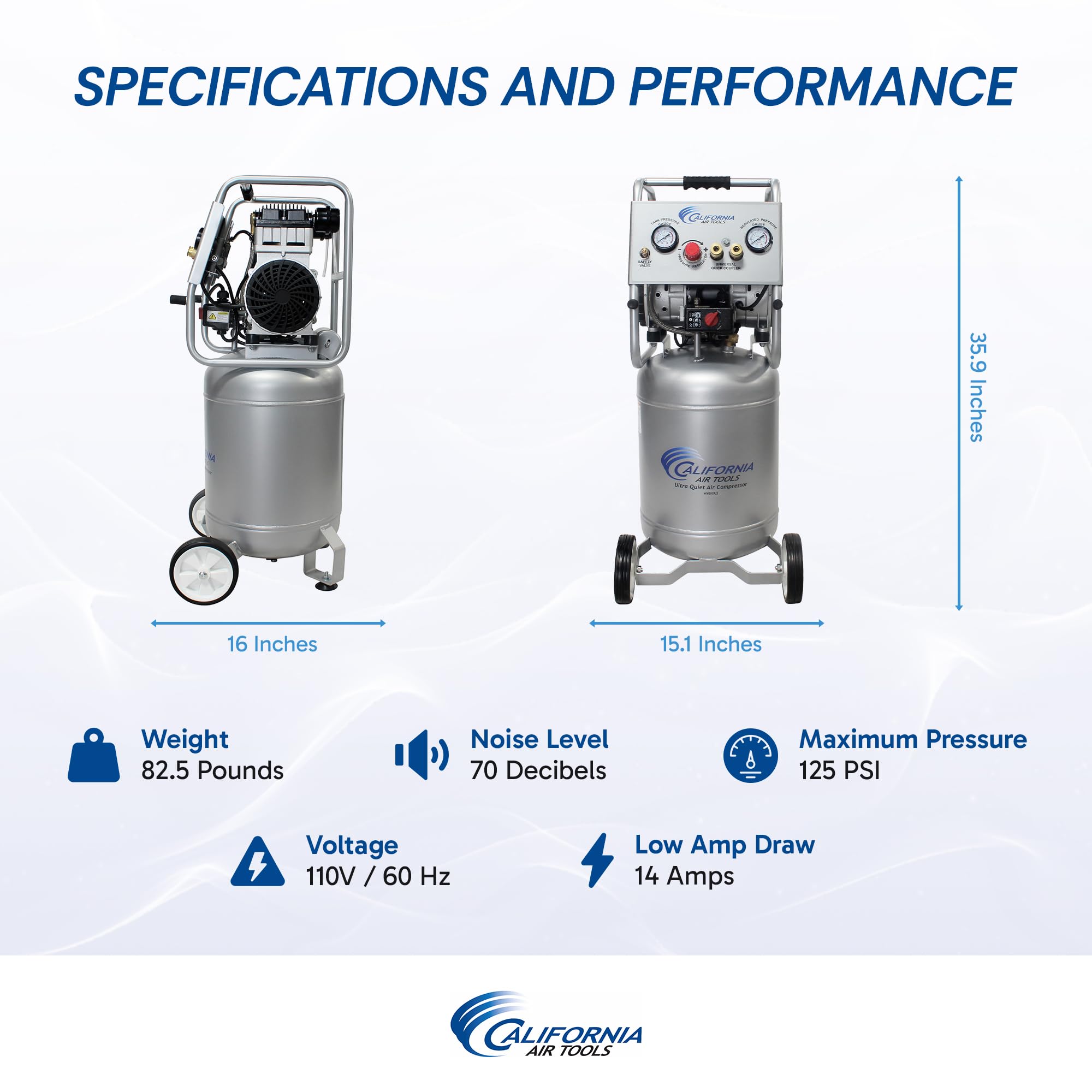 California Air Tools 10020Cad 2.0 Hp Ultra Quiet And Oil Free Air Compressor, 10 Gallon Steel Tank With Wheels, 70 Dba Noise Lev
