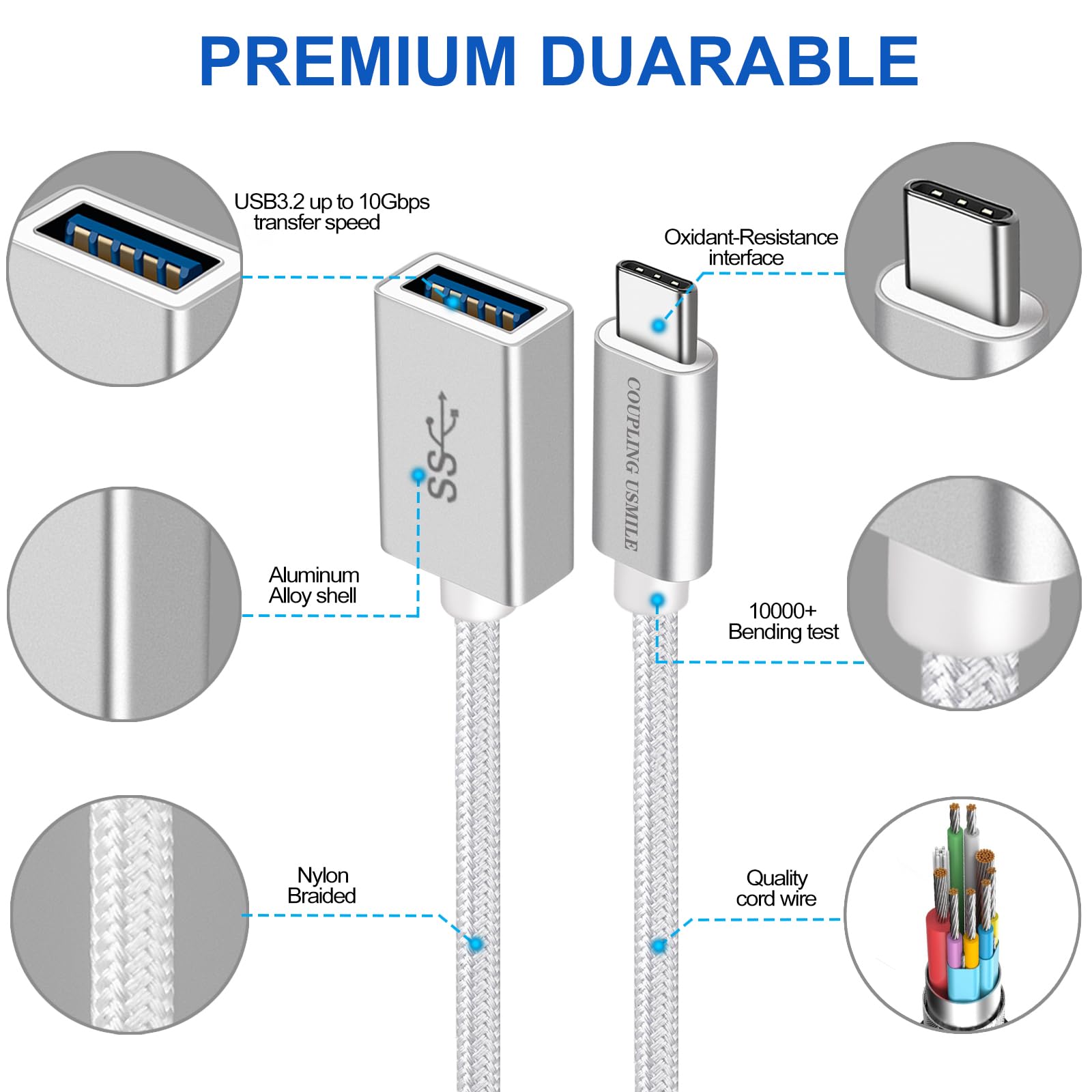 Coupling Usmile Usb C To Usb 3.2 Adapter [2Pcs Silver], Transfer Up To 10Gbps, Type C Male To Usb Female Otg Cable Thunderbolt3