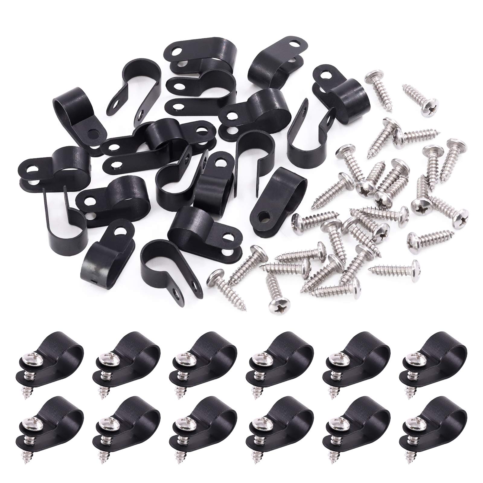 Swpeet 120 Pack Black 1/2 Inch Nylon Plastic R Type Cable Clips Clamp Kit, Nylon Screw Mounting Cord Fastener Clips With 120 Pac