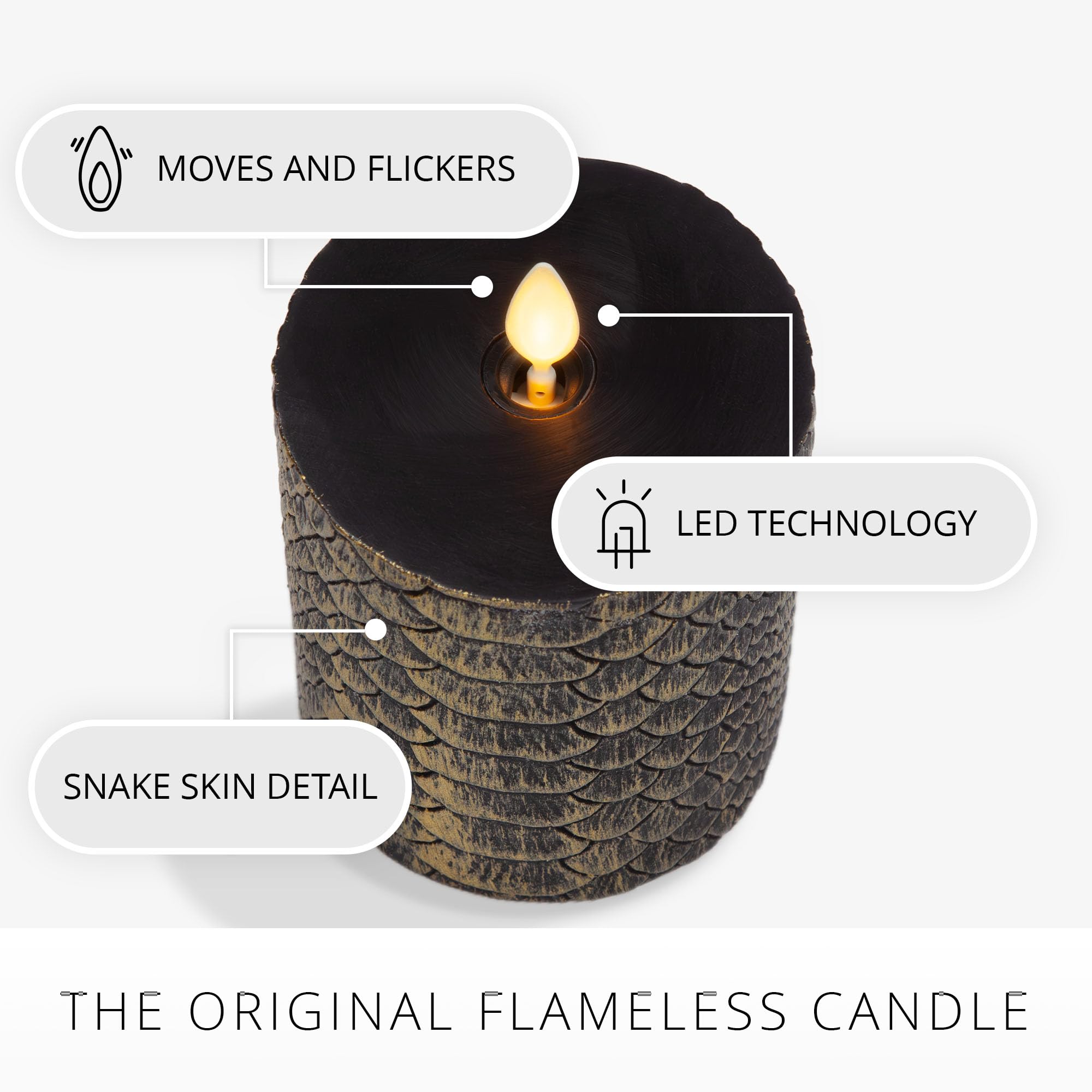 Luminara Black And Gold Snake Skin Flameless Led Candle, Flat Top Moving Flame Pillar, Real Unscented Wax And Timer (3'' X 4.5''