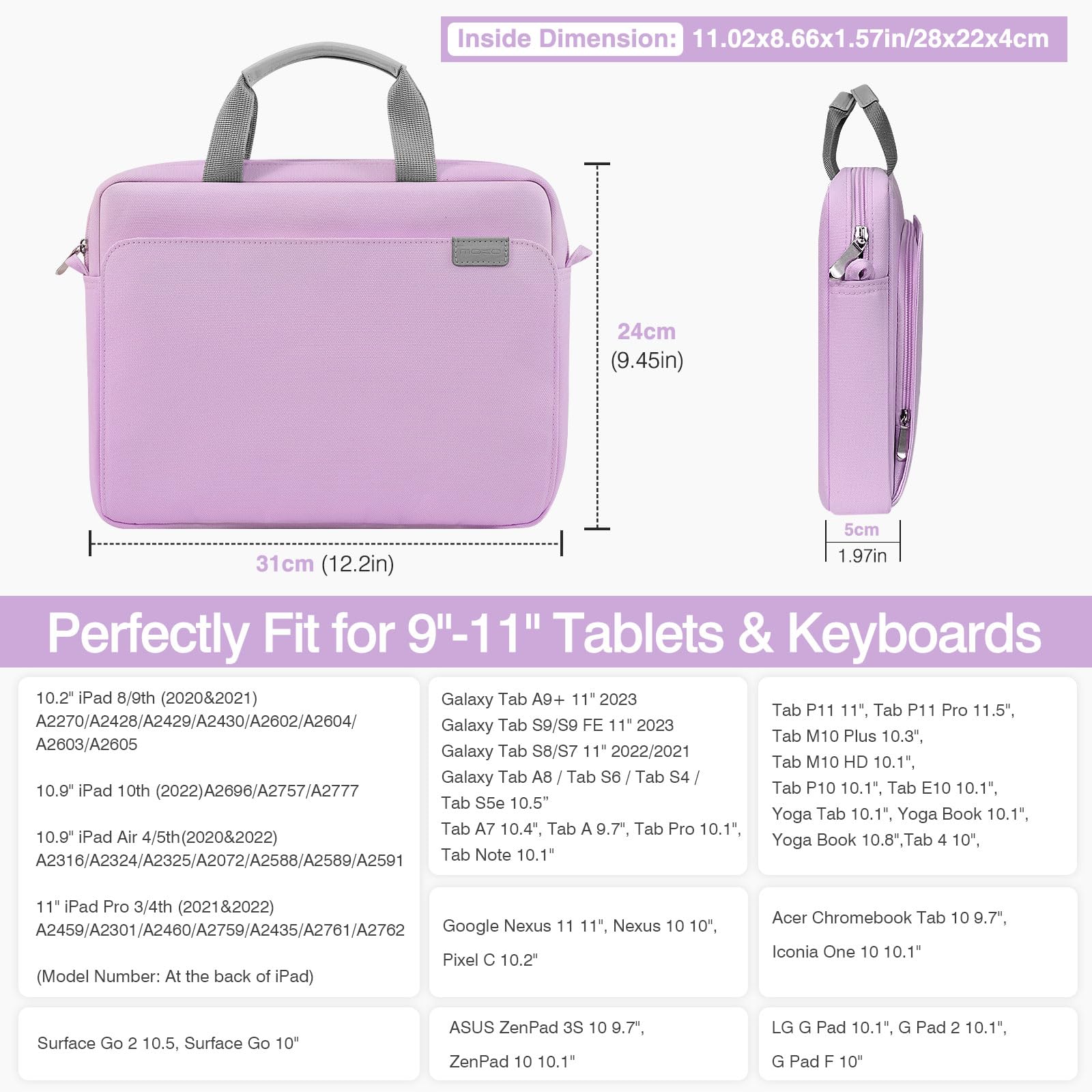 MoKo 9 11 Inch Tablet Sleeve Case, Protective Handle Shoulder Bag Fits New 11 inch iPad Pro M4/iPad Air M2 2024, iPad Air 5/4th 10.9, iPad 10th Gen. 10.9, iPad 9/8/7th 10.2, Tab S8/S9 11, Purple