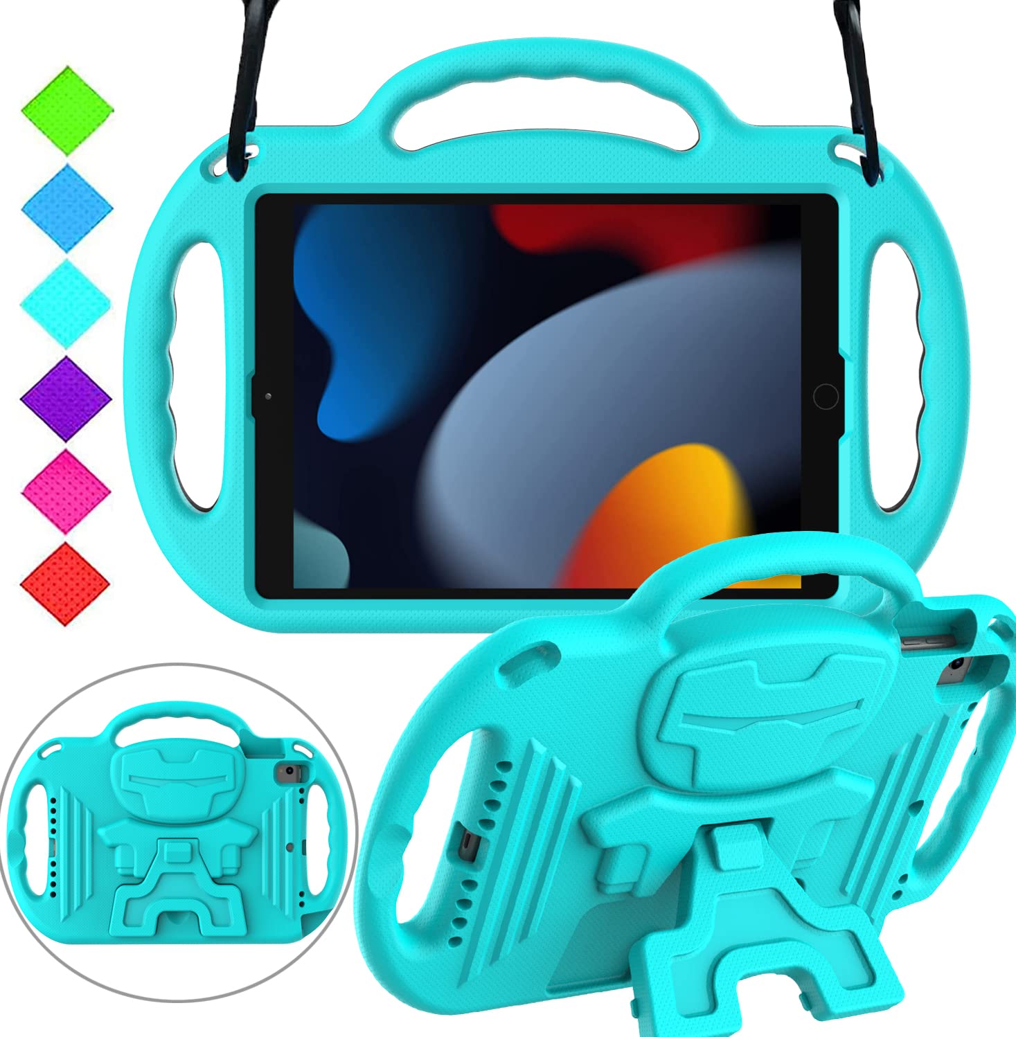 Menzo Kids Case For Ipad 9Th/8Th/7Th Generation, Shockproof Shoulder Strap Handle Stand, Turquoise