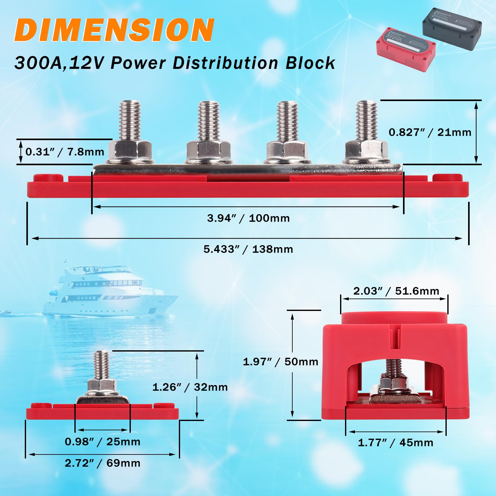 300A Heavy Duty Module Bus Bar 12V 24V 48V Dc Power Distribution Block With 4 X 5/16'' (M8) Battery Terminal Distribution Block