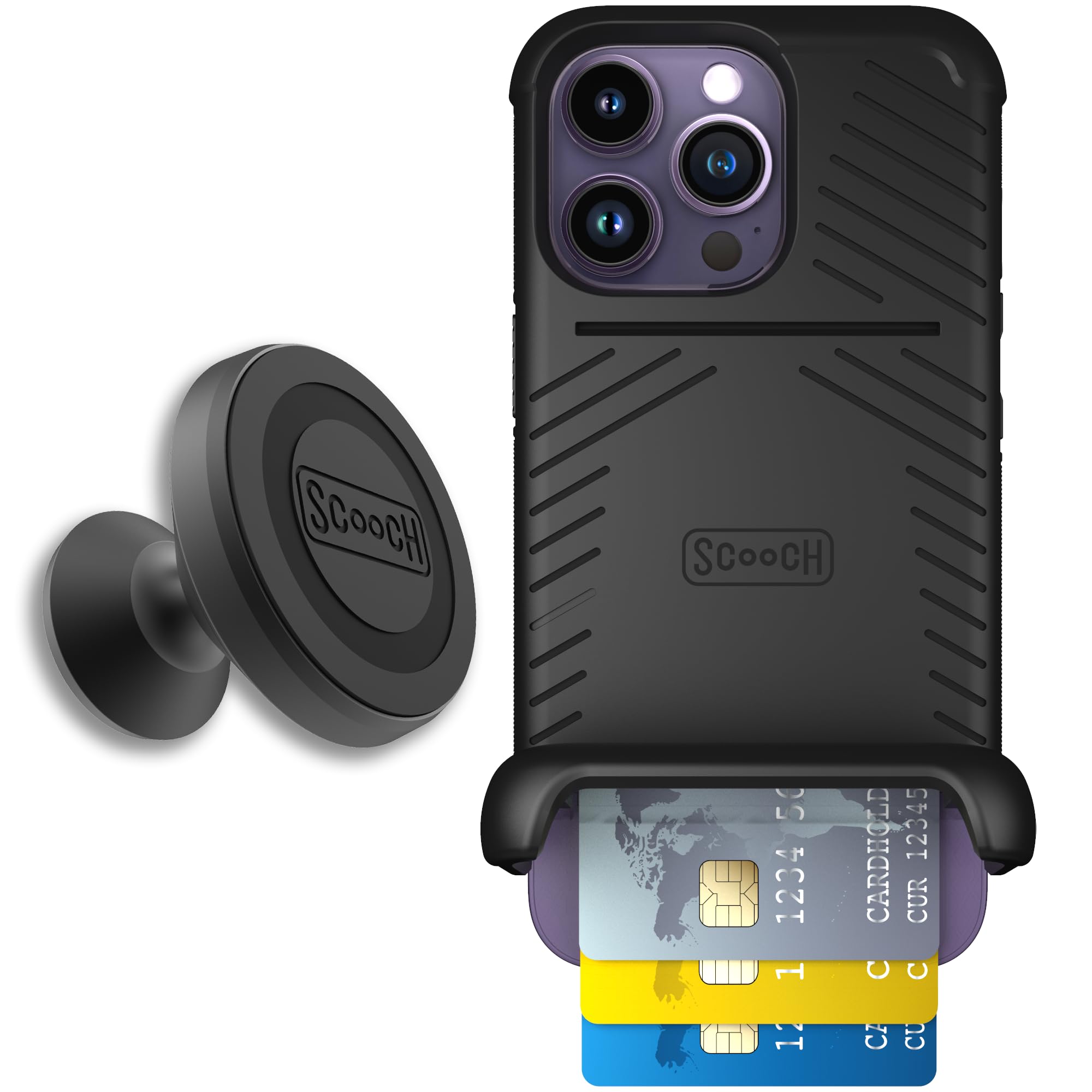 Scooch for iPhone 14 Pro Case with Card Holder, Wingmate Wallet Case Black, Bundled with Wingmount Magnetic Car Mount