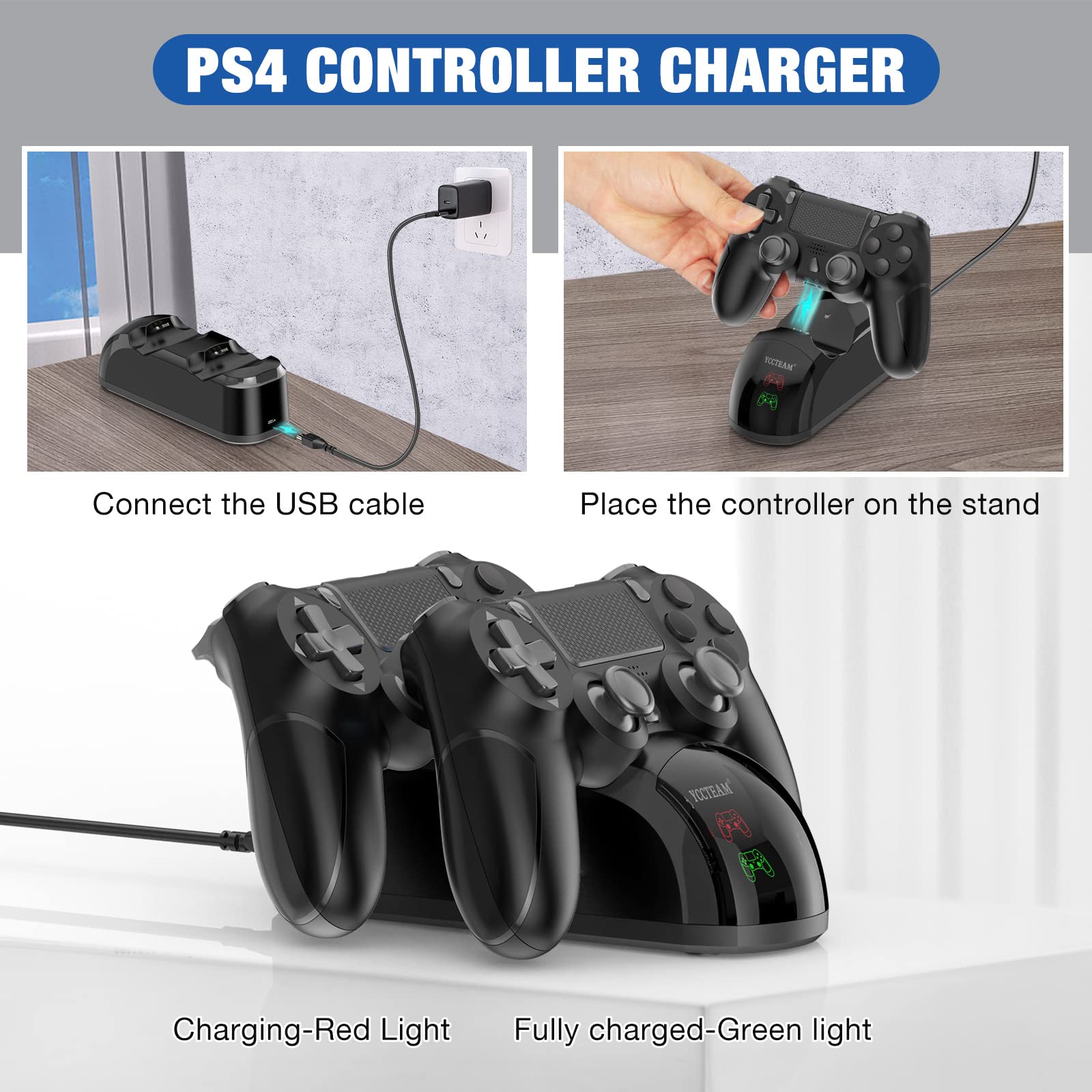 Charger Dock Station For Ps4, 1.8 Hrs Fast Charging For Ps4 Charging Station, With Led Indicator Charging Chip, Dual Usb Charger