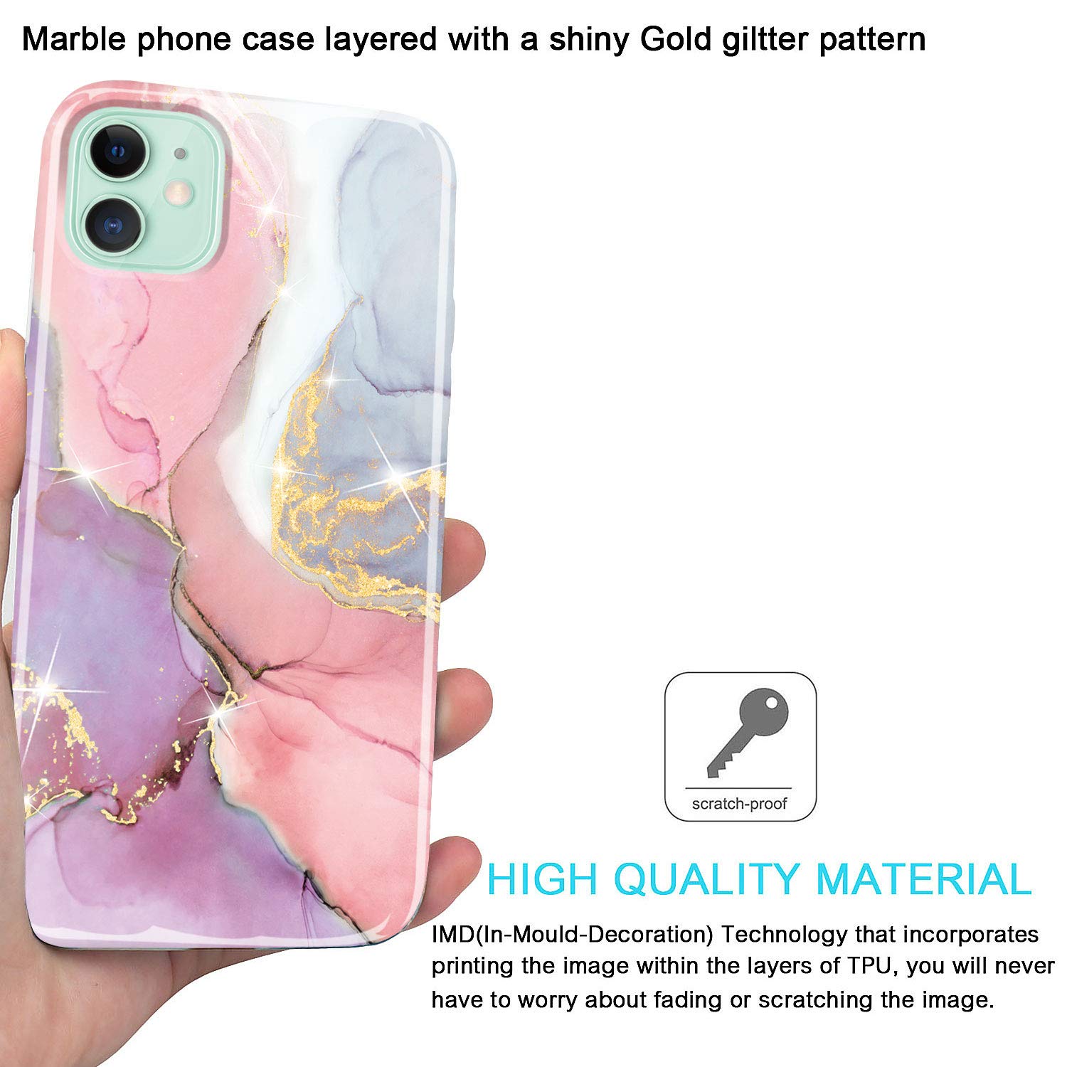 JIAXIUFEN iPhone 11 Case Gold Sparkle Glitter Marble Slim Shockproof TPU Pink Purple 6.1 inch