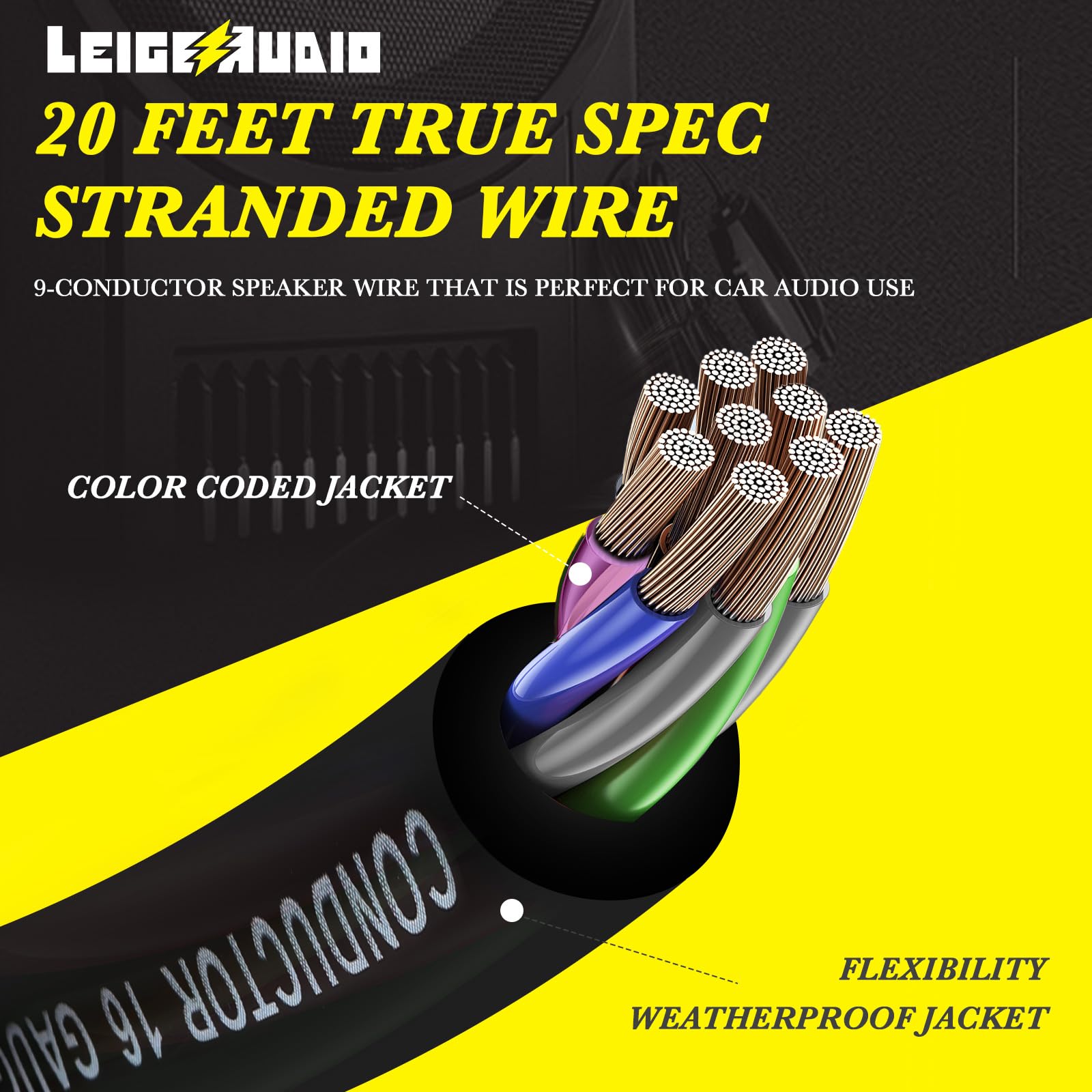 Leigesaudio 20 Feet 9 Conductor Speaker Wire/Cable   16 Awg 100% Ofc, Ultra Flex And Easy Peel Jacket, Ture Copper With Color Co