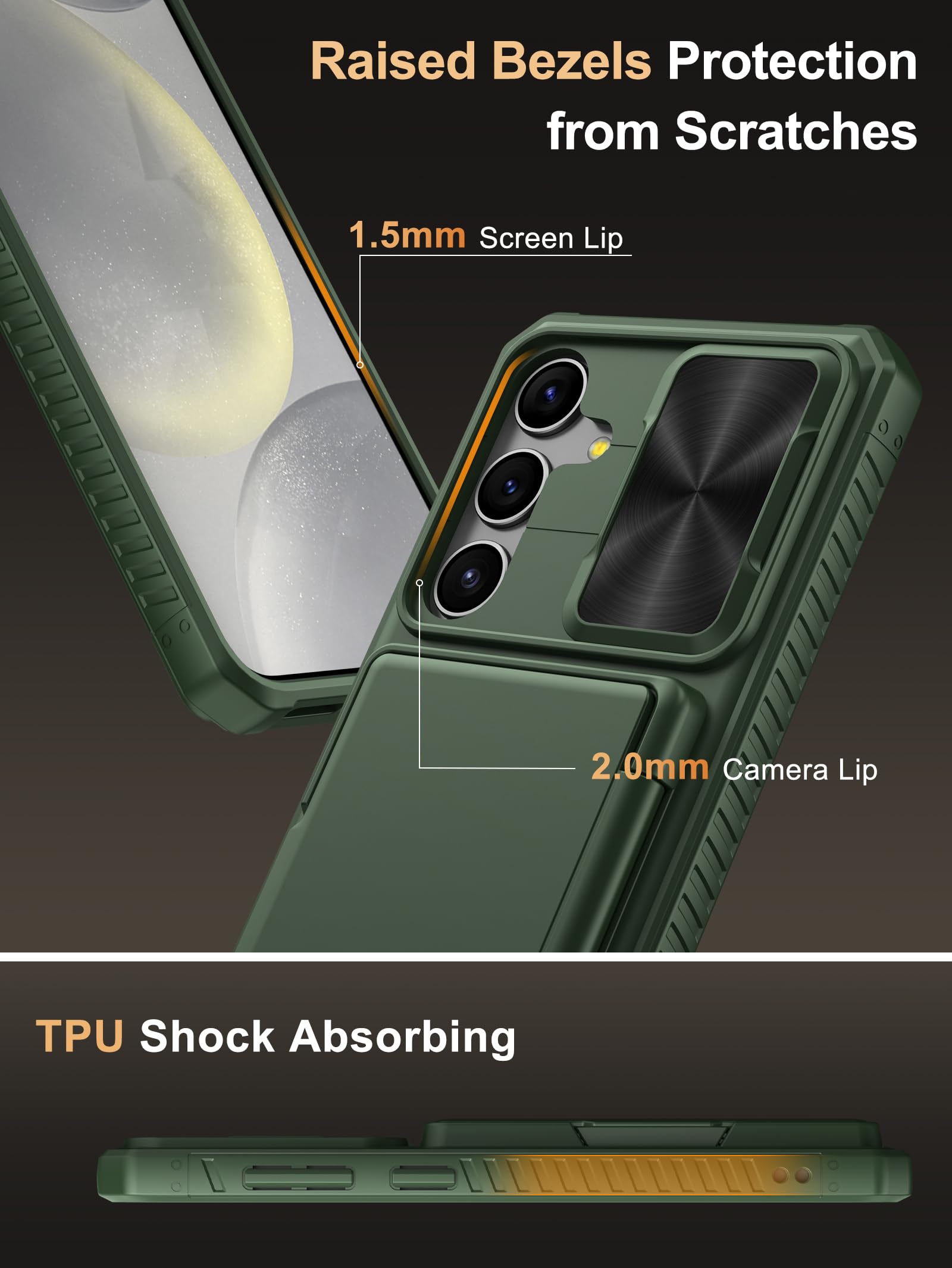 Vihibii For Samsung Galaxy S24 Plus Case With Card Holder (4 Cards) & Slide Lens Cover & Kickstand & Raised Edges Protect Screen