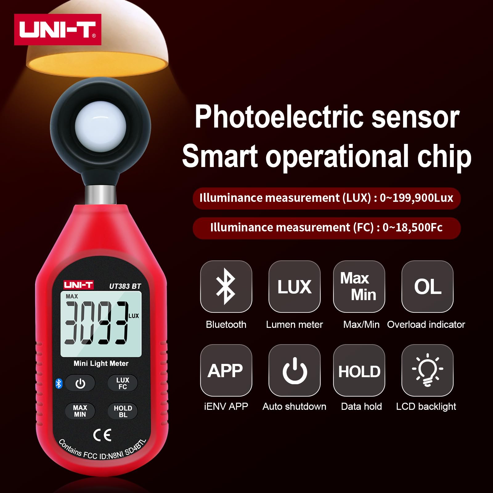 Uni T Ut383Bt Digital Illuminance Light Meter Tester Lux Meter 0~199,900 Lux (0~18,500 Fc) Foot Candles Luxmeter For Film Photog