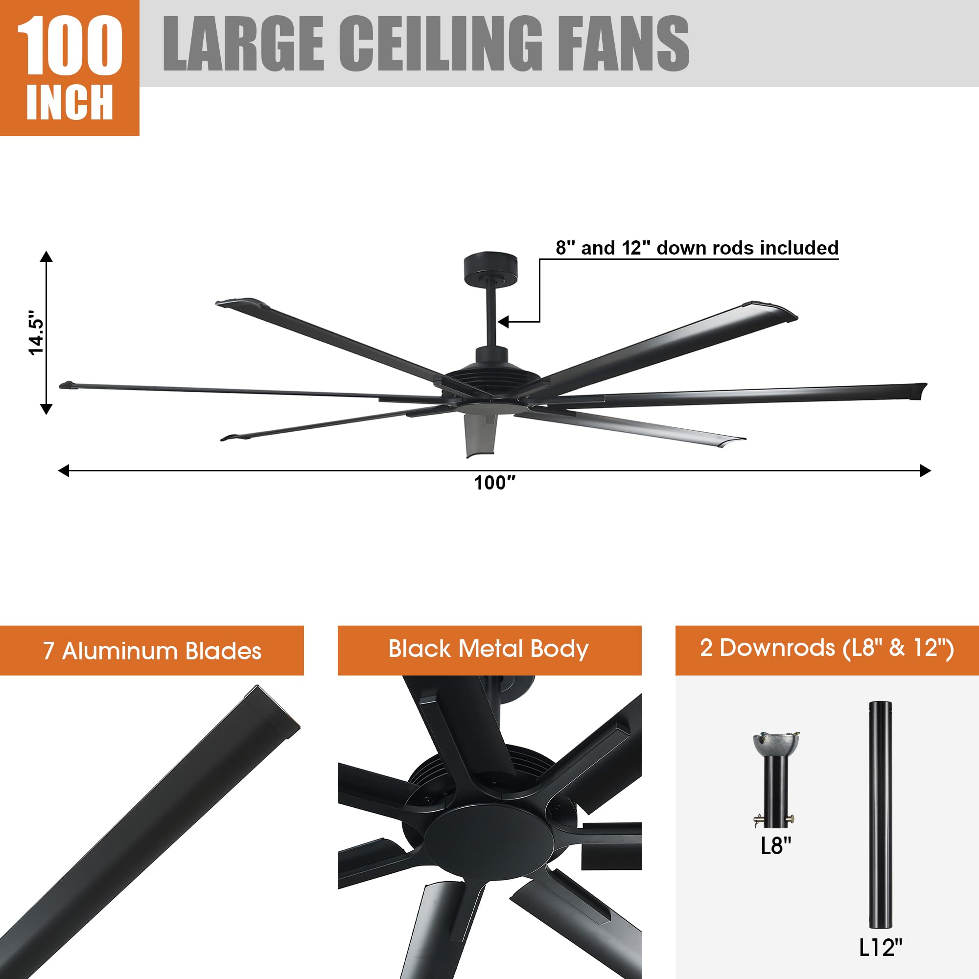 100 Inch Ceiling Fans Without Lights, Black Industrial Large Ceiling Fan No Light For Living Room Shop Garage Bedroom Indoor Out
