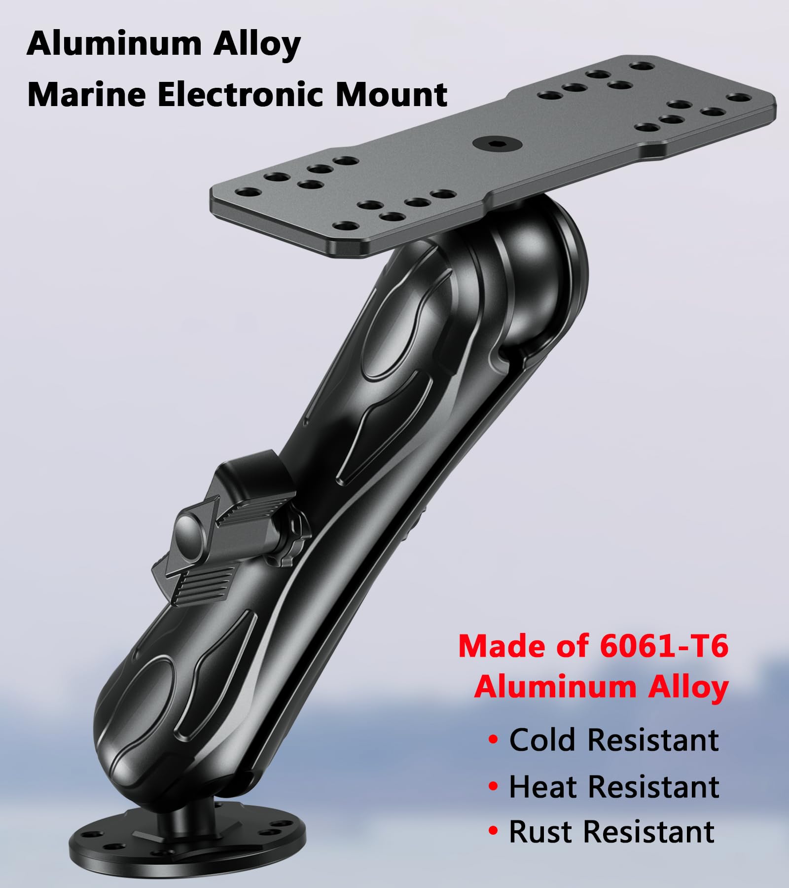 Vazeswin Aluminum Alloy Fish Finder Mount With C Size 1.5'' Ball Rectangle Plate & Round Base, 9.1'' Long Arm Marine Electronic